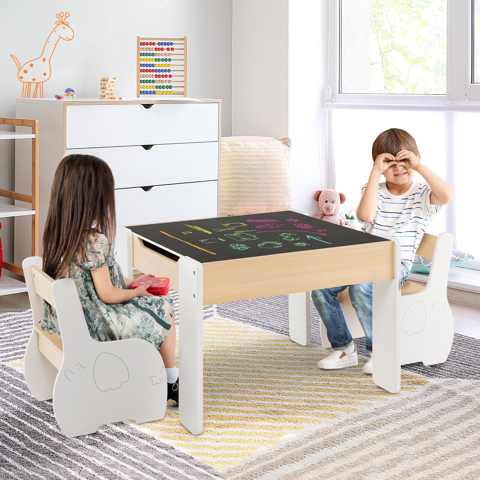 4-in-1 Wooden Activity Kids Table and Chairs with Storage and Detachable Blackboard, White Kids Table & Chair Sets   at Gallery Canada