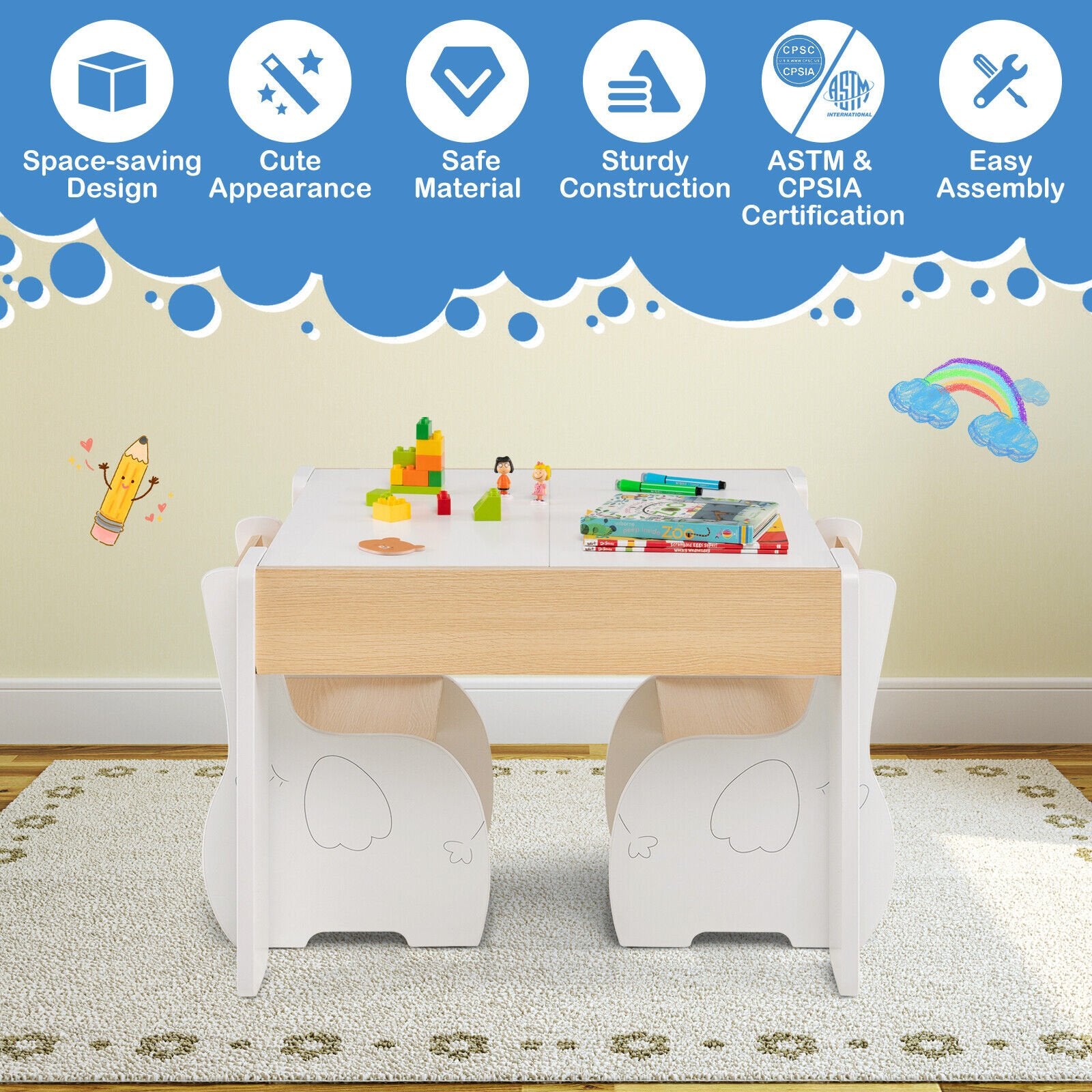 4-in-1 Wooden Activity Kids Table and Chairs with Storage and Detachable Blackboard, White Kids Table & Chair Sets   at Gallery Canada