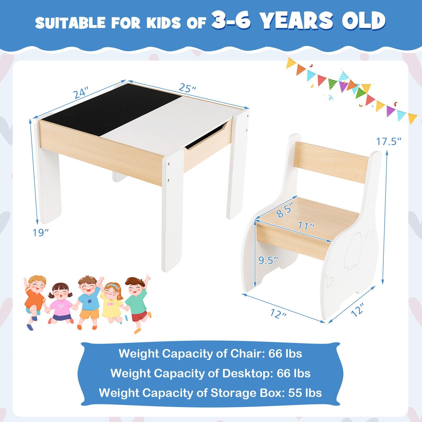 4-in-1 Wooden Activity Kids Table and Chairs with Storage and Detachable Blackboard, White Kids Table & Chair Sets   at Gallery Canada