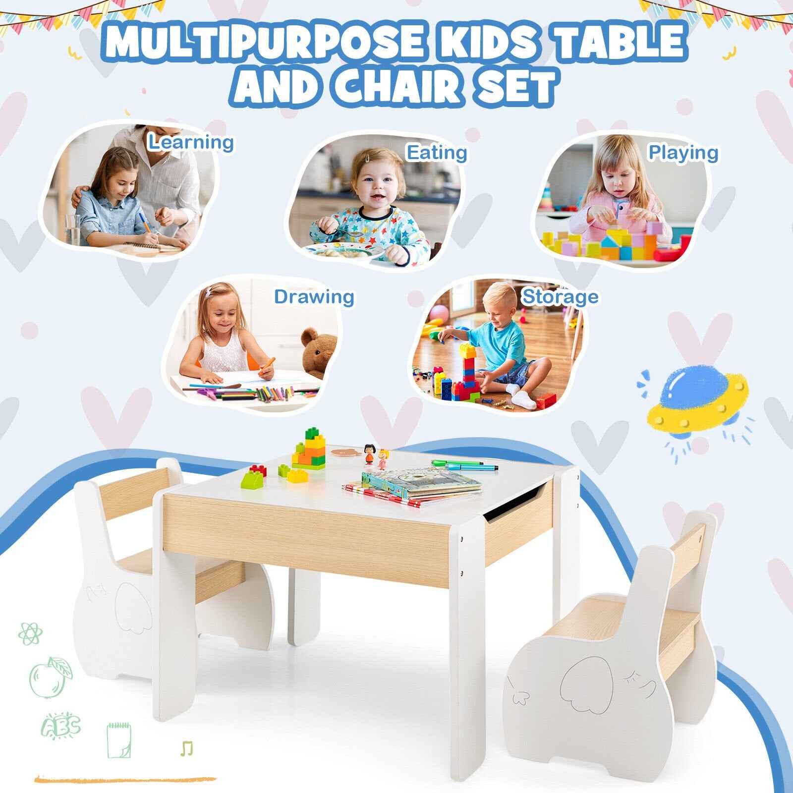 4-in-1 Wooden Activity Kids Table and Chairs with Storage and Detachable Blackboard, White Kids Table & Chair Sets   at Gallery Canada