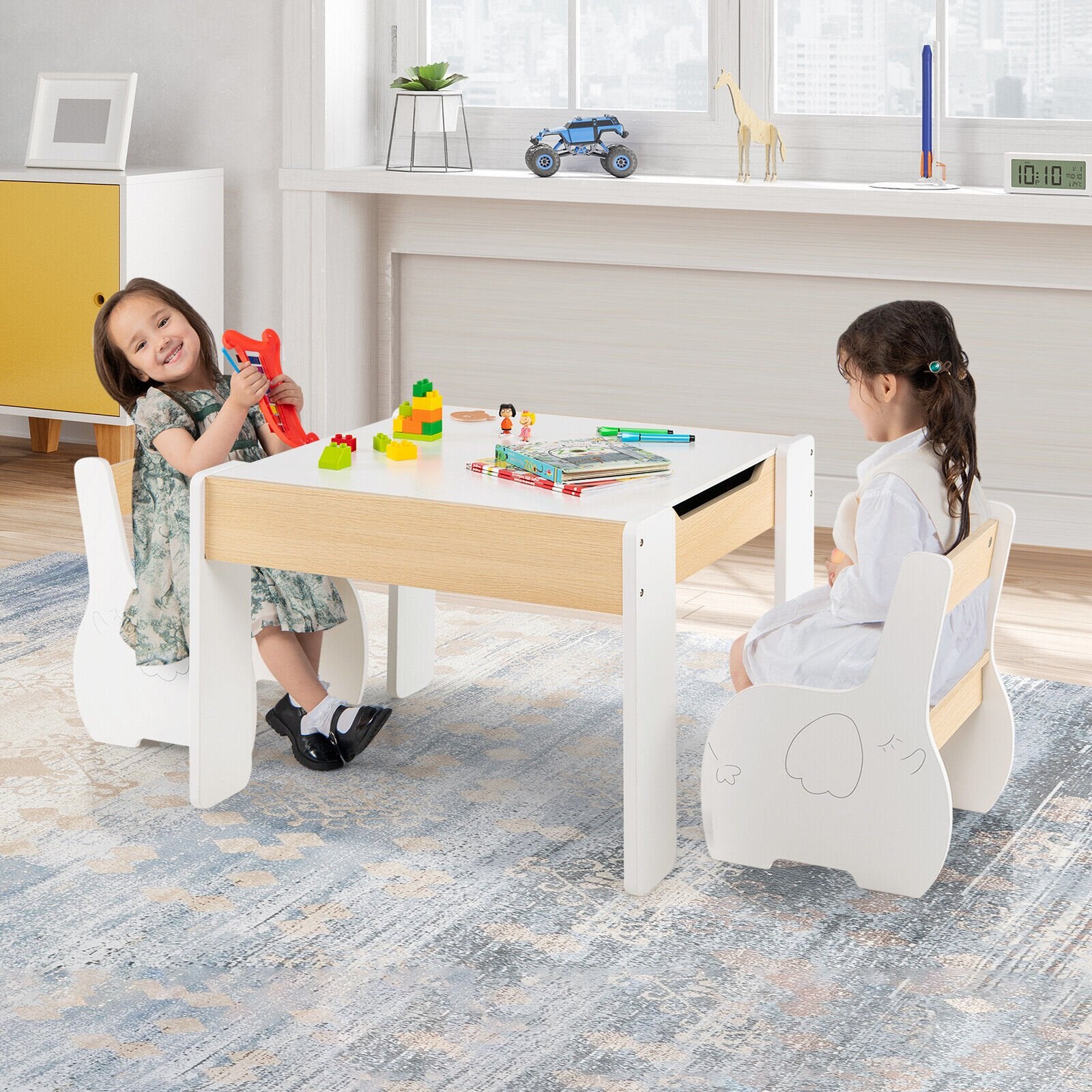 4-in-1 Wooden Activity Kids Table and Chairs with Storage and Detachable Blackboard, White Kids Table & Chair Sets   at Gallery Canada