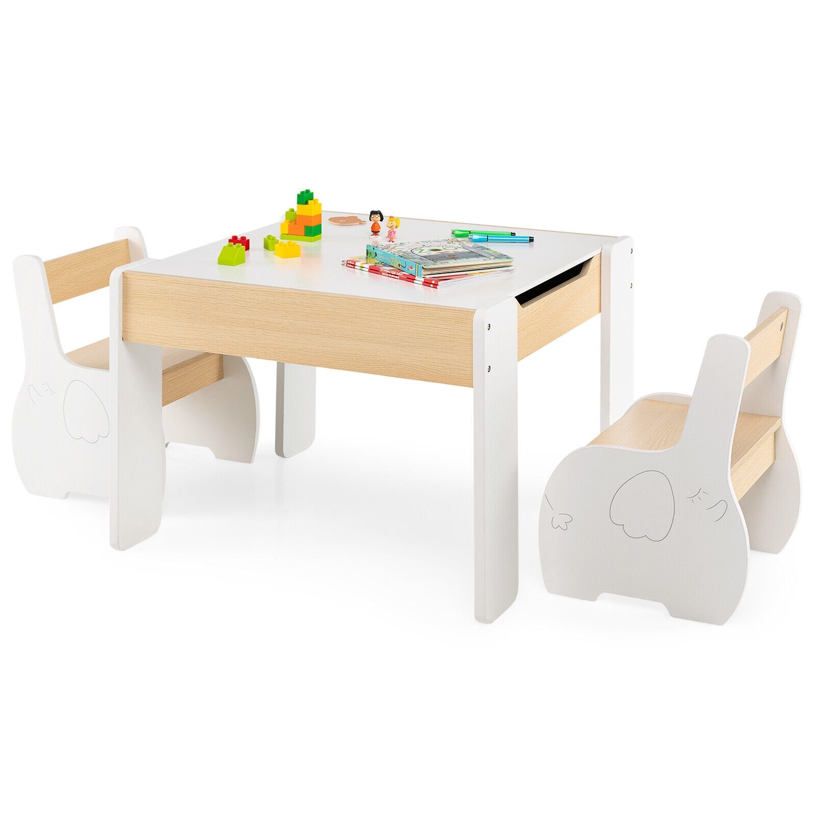 4-in-1 Wooden Activity Kids Table and Chairs with Storage and Detachable Blackboard, White Kids Table & Chair Sets   at Gallery Canada