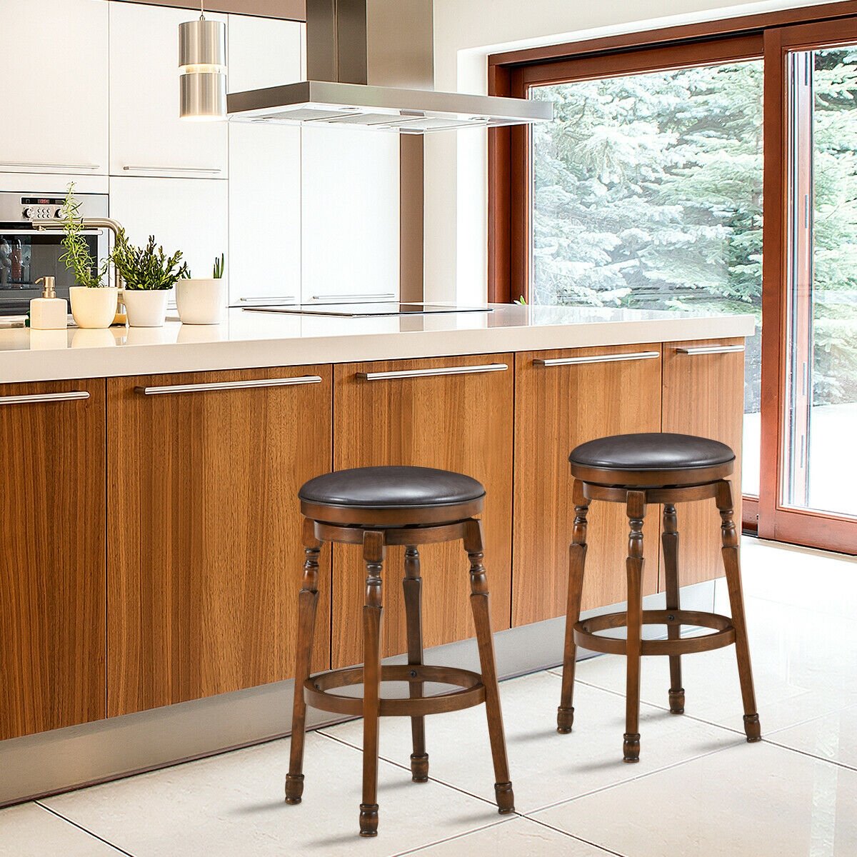 Set of 2 29-Inch Swivel Leather Padded Dining Bar Stools, Walnut Bar Stools   at Gallery Canada