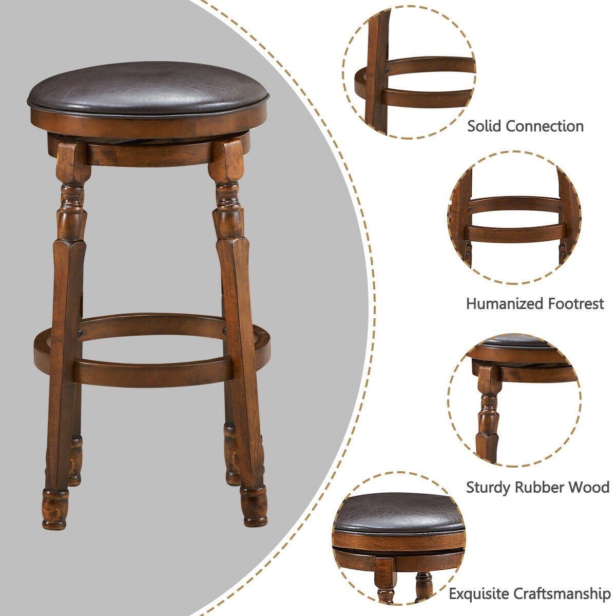 Set of 2 29-Inch Swivel Leather Padded Dining Bar Stools, Walnut Bar Stools   at Gallery Canada