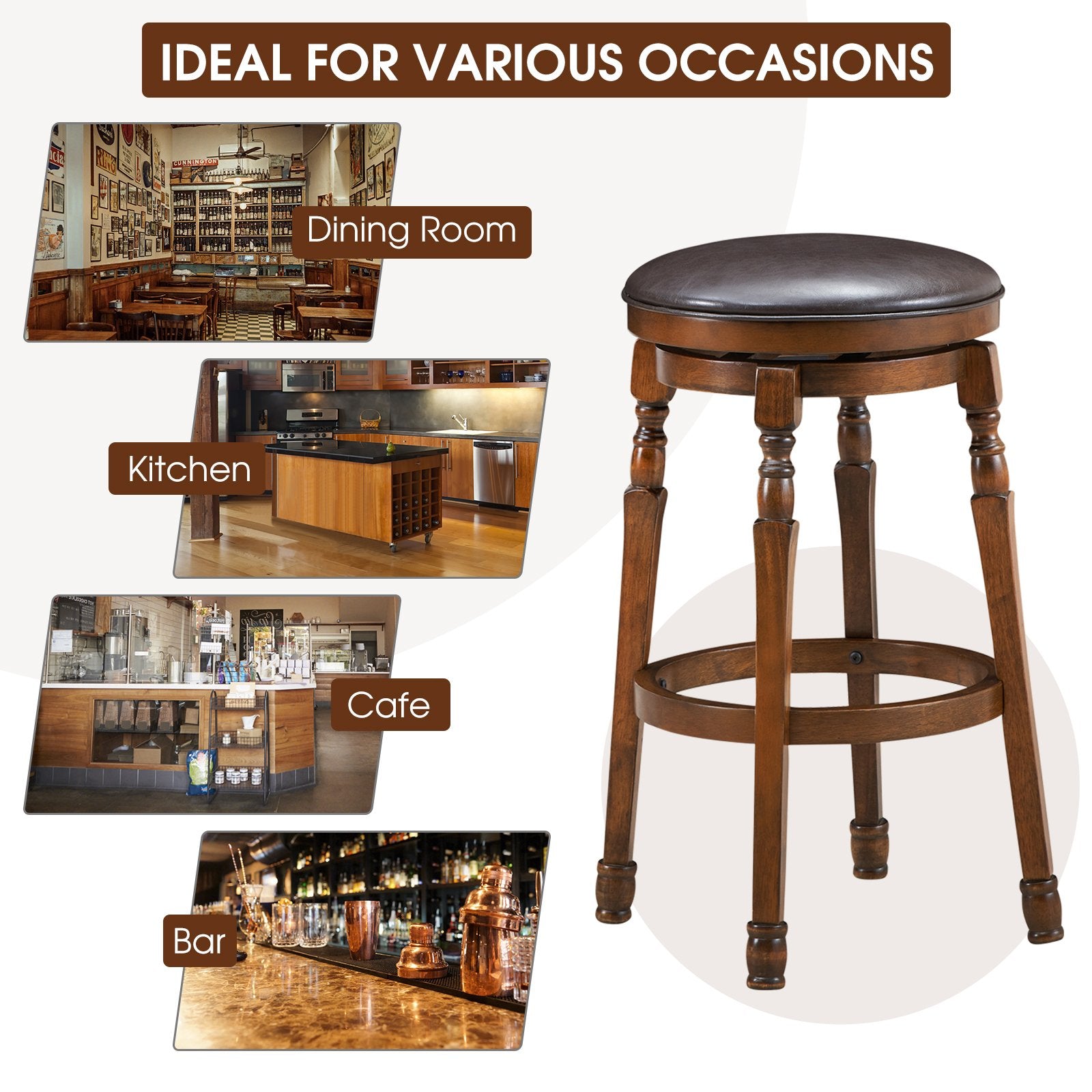 Set of 2 29-Inch Swivel Leather Padded Dining Bar Stools, Walnut Bar Stools   at Gallery Canada