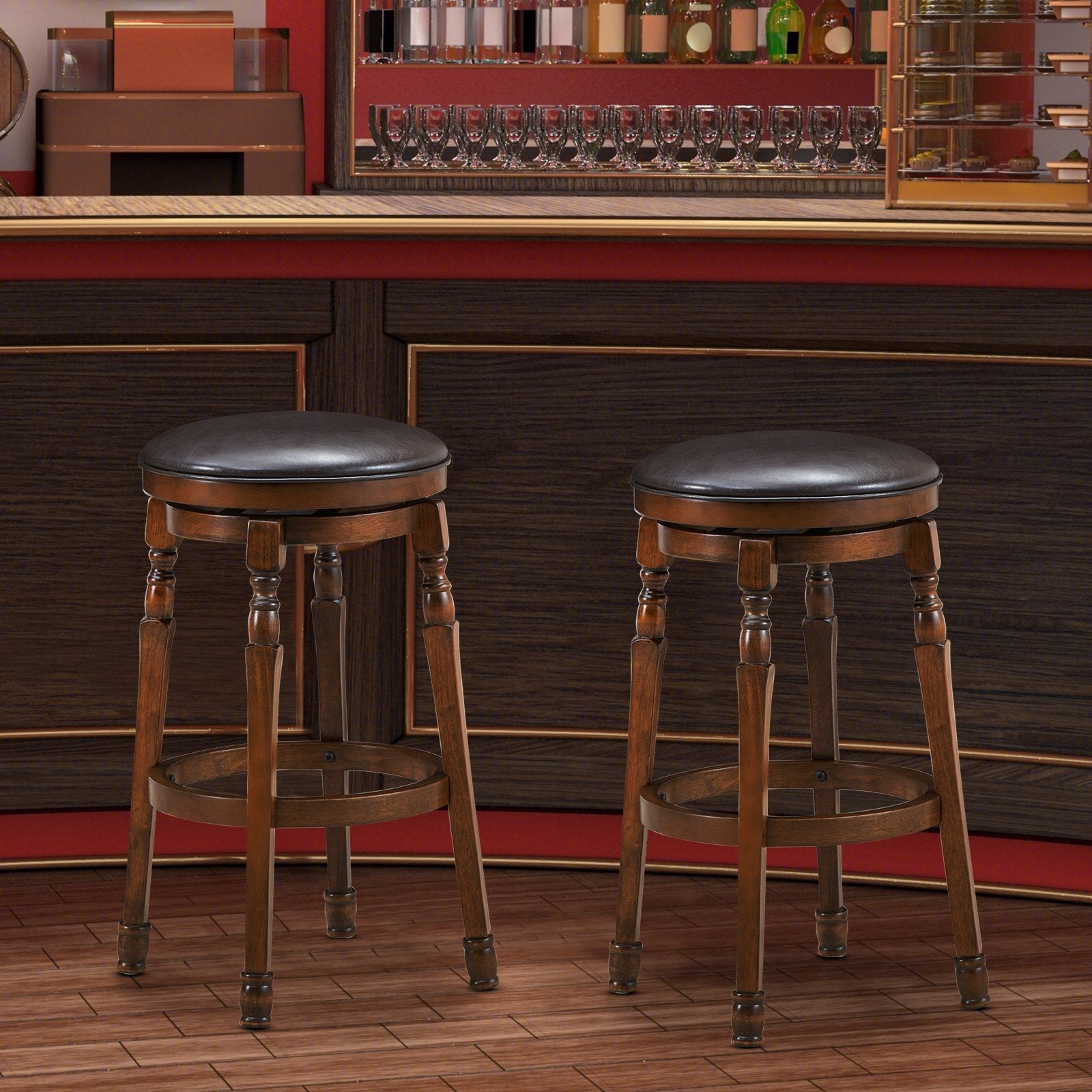 Set of 2 29-Inch Swivel Leather Padded Dining Bar Stools, Walnut Bar Stools   at Gallery Canada