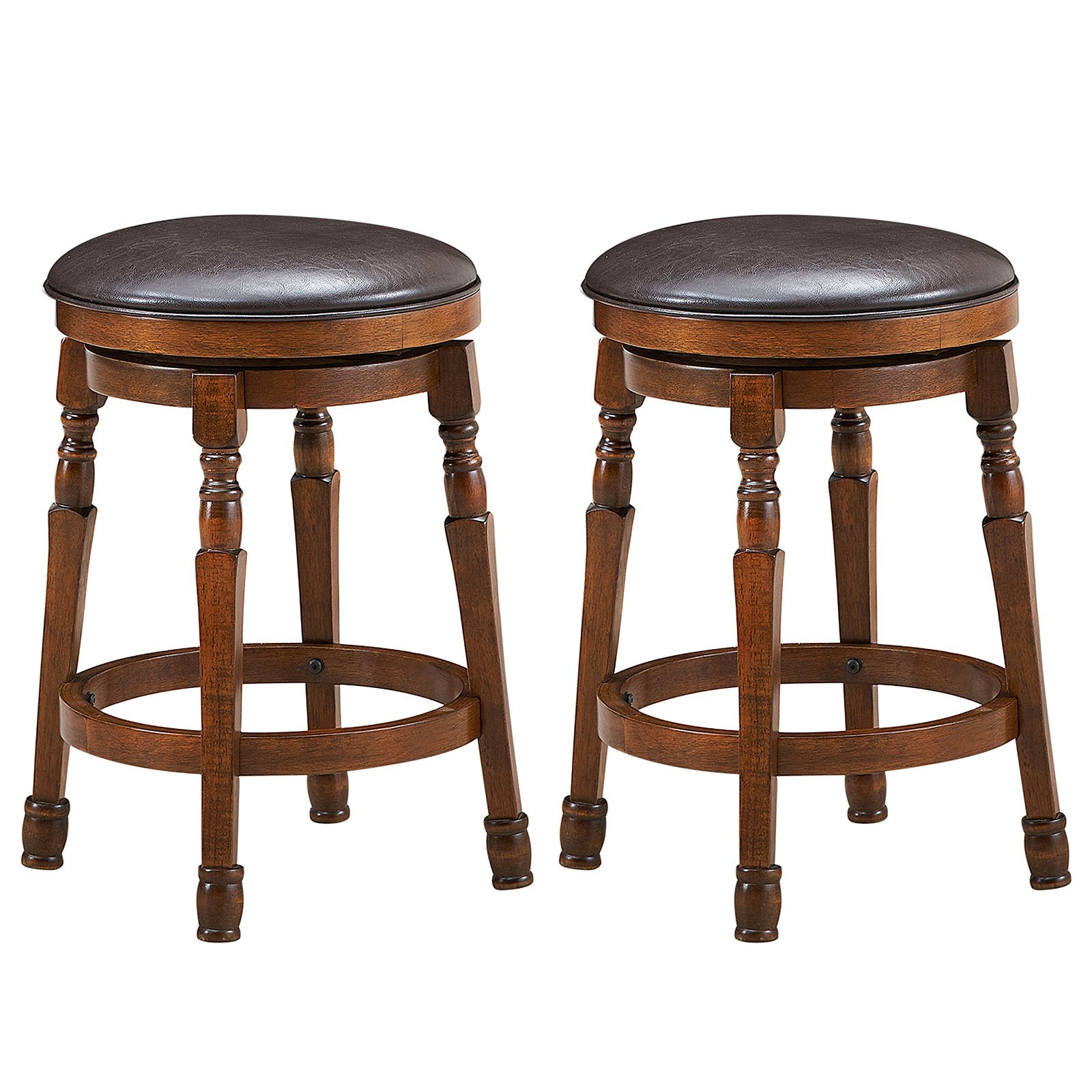 Set of 2 24-Inch Swivel Leather Padded Bar Dining Stools, Walnut Bar Stools   at Gallery Canada