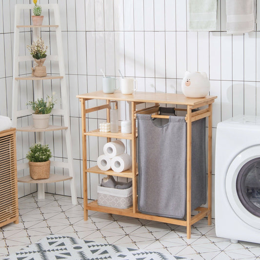 Bamboo Laundry Hamper Stand with Removable Sliding Bag and 3-Tier Open Shelves, Natural Floor Cabinets   at Gallery Canada