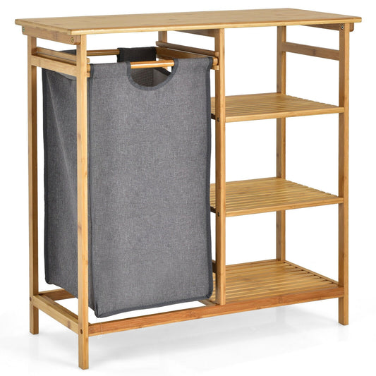 Bamboo Laundry Hamper Stand with Removable Sliding Bag and 3-Tier Open Shelves, Natural Floor Cabinets   at Gallery Canada