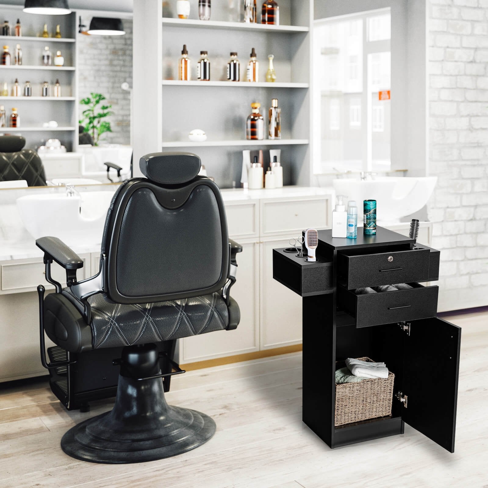 Salon Station Storage Cabinet with 6 Hair Dryer Holders for Hair Stylist, Black Spa & Salon   at Gallery Canada