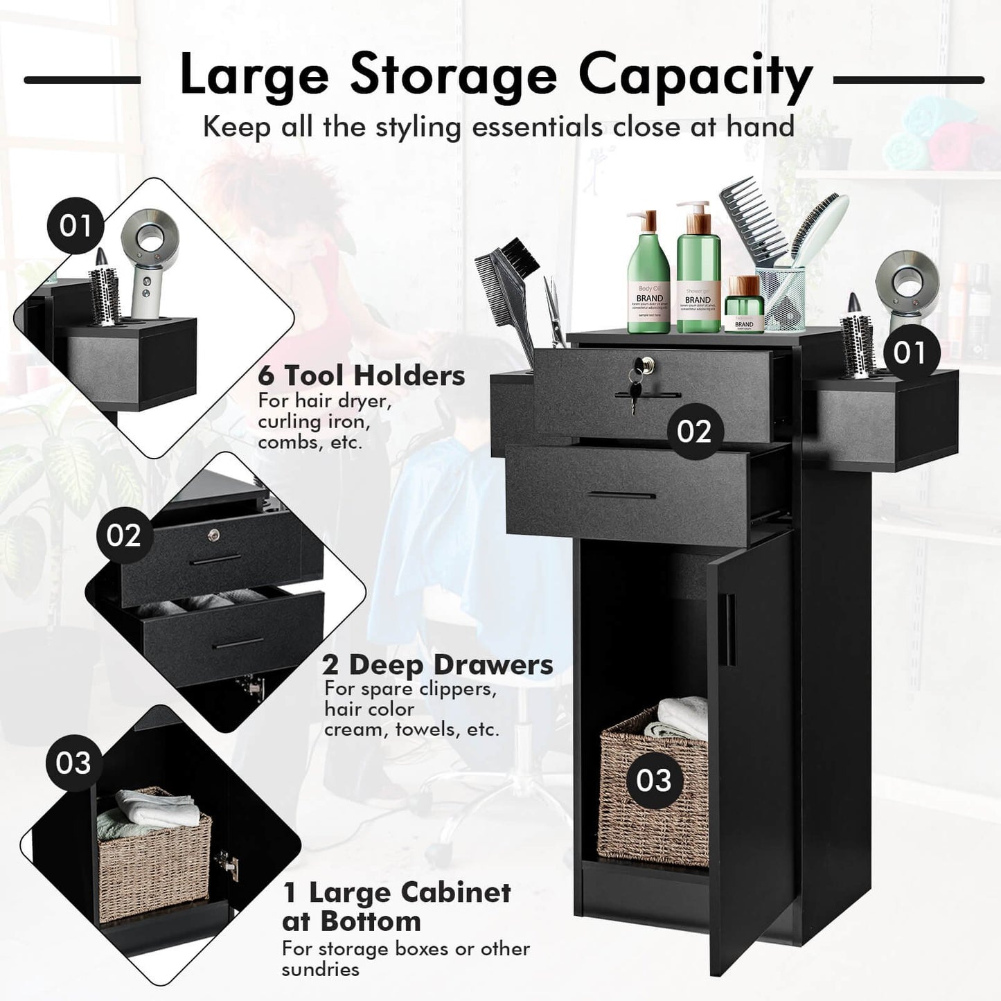 Salon Station Storage Cabinet with 6 Hair Dryer Holders for Hair Stylist, Black Spa & Salon   at Gallery Canada