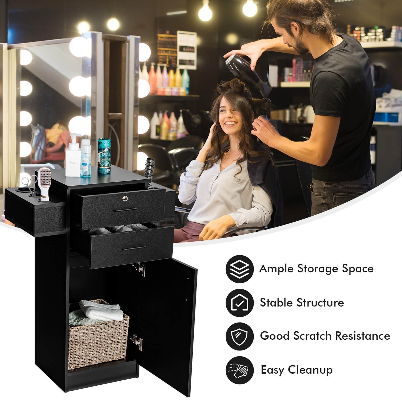 Salon Station Storage Cabinet with 6 Hair Dryer Holders for Hair Stylist, Black Spa & Salon   at Gallery Canada