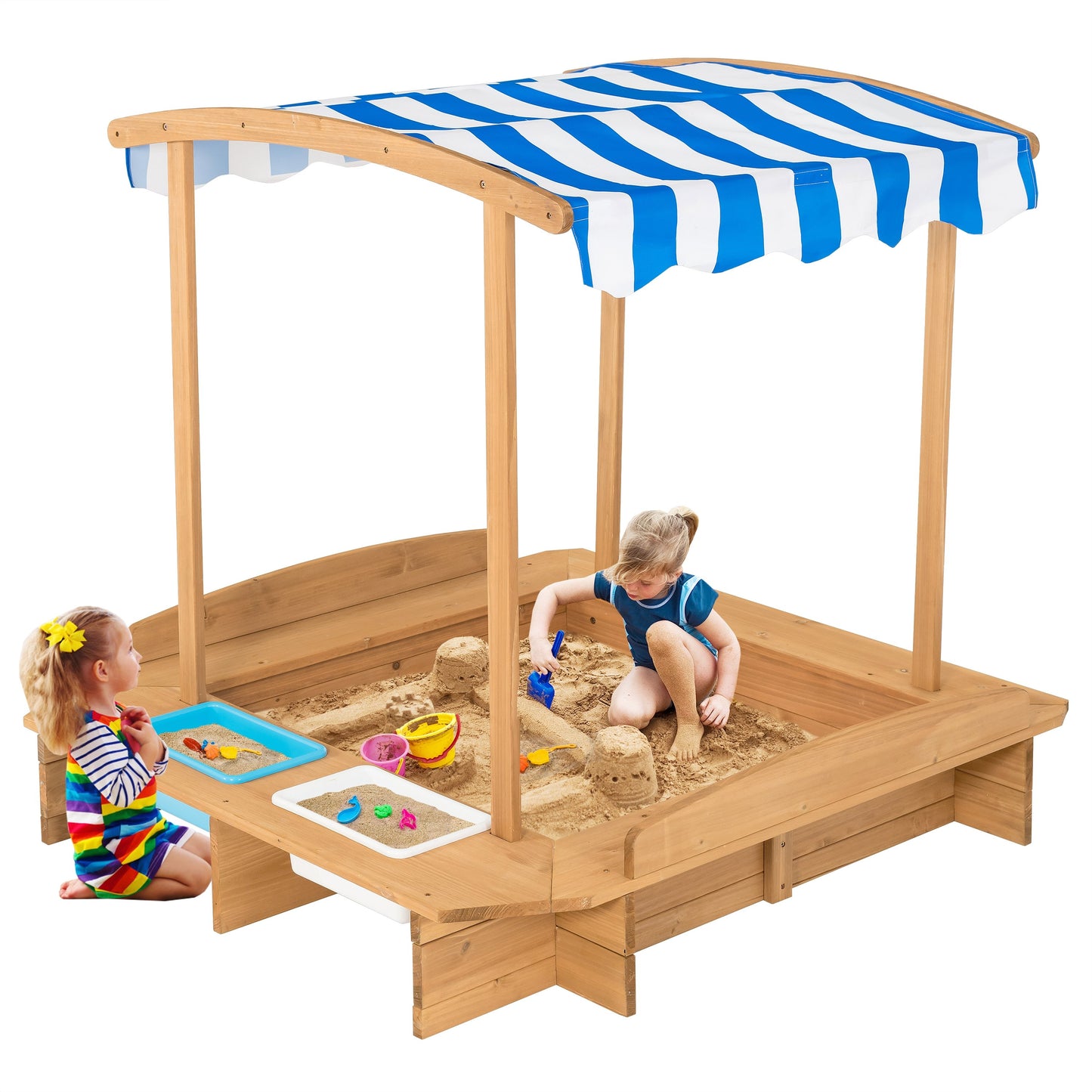 Kids Wooden Sandbox with Striped Canopy, Brown Sandboxes   at Gallery Canada