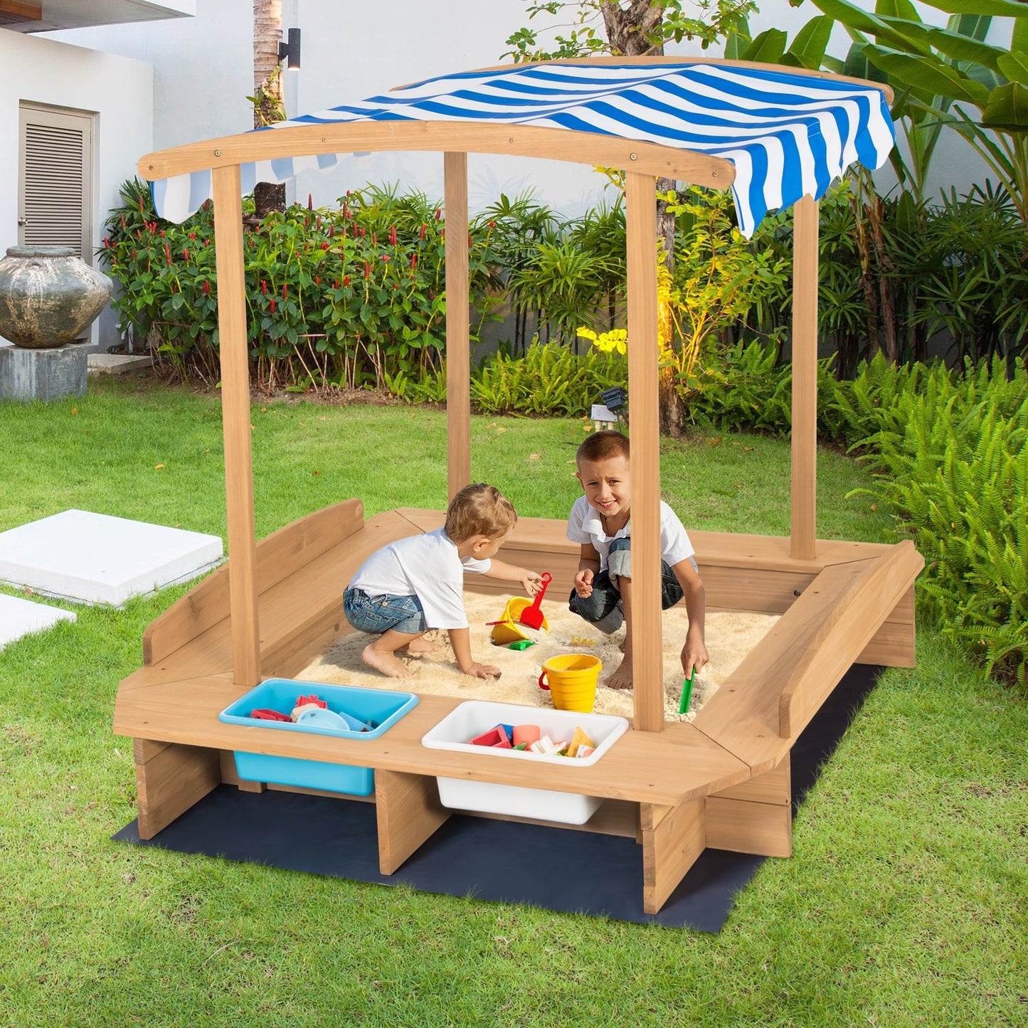 Kids Wooden Sandbox with Striped Canopy, Brown Sandboxes   at Gallery Canada