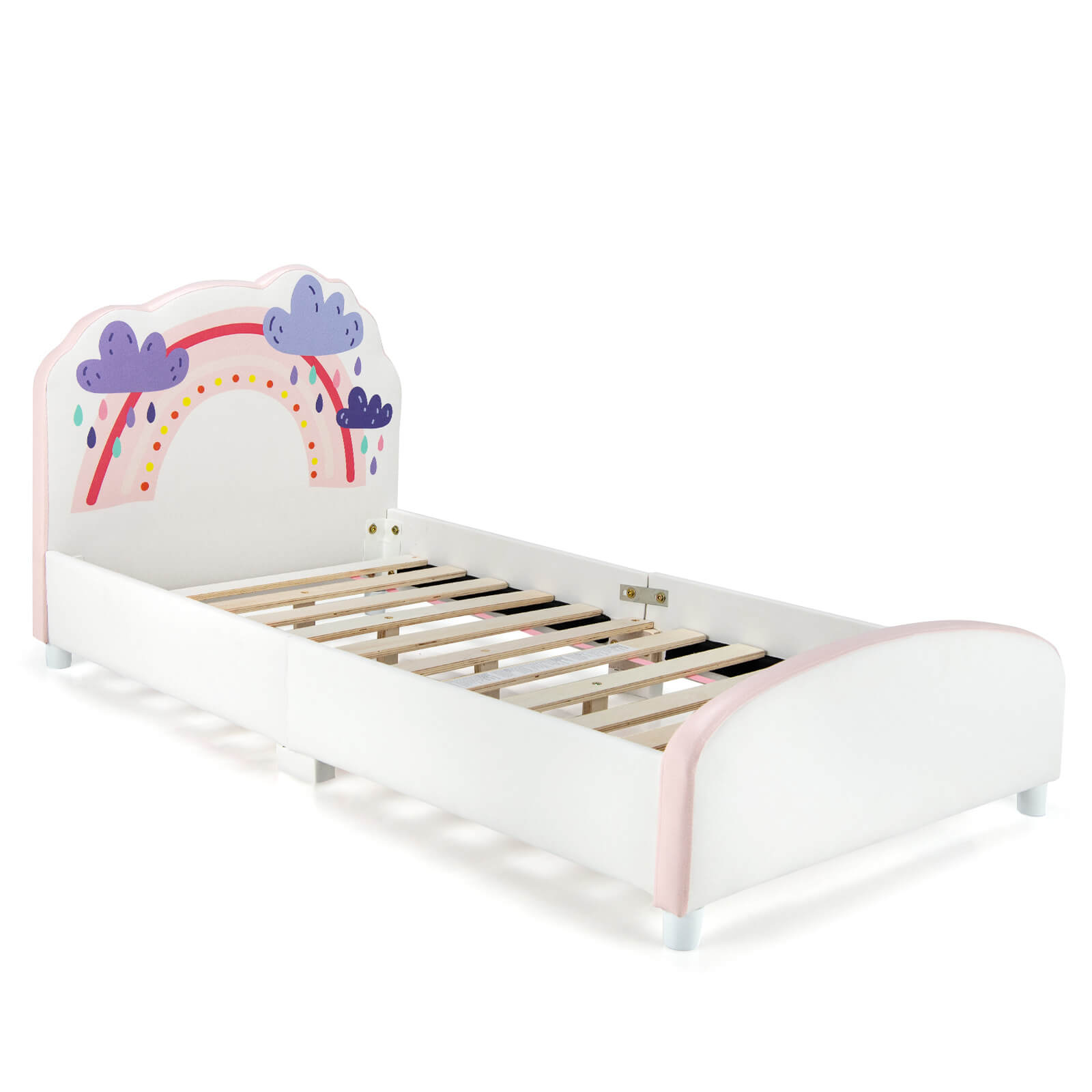 Kids Twin Size Upholstered Platform Wooden Bed with Rainbow Pattern, White Toddler Beds   at Gallery Canada