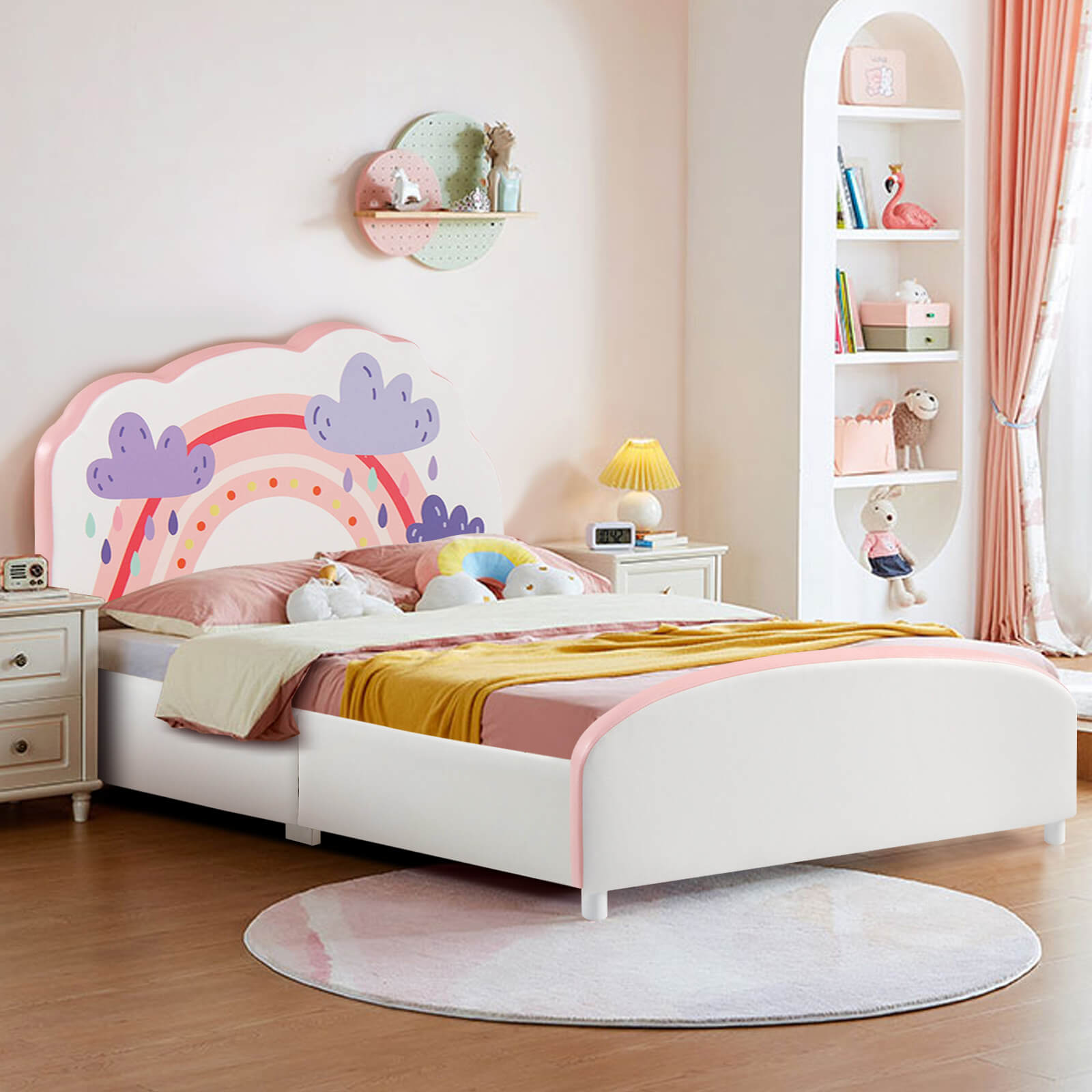 Kids Twin Size Upholstered Platform Wooden Bed with Rainbow Pattern, White Toddler Beds   at Gallery Canada