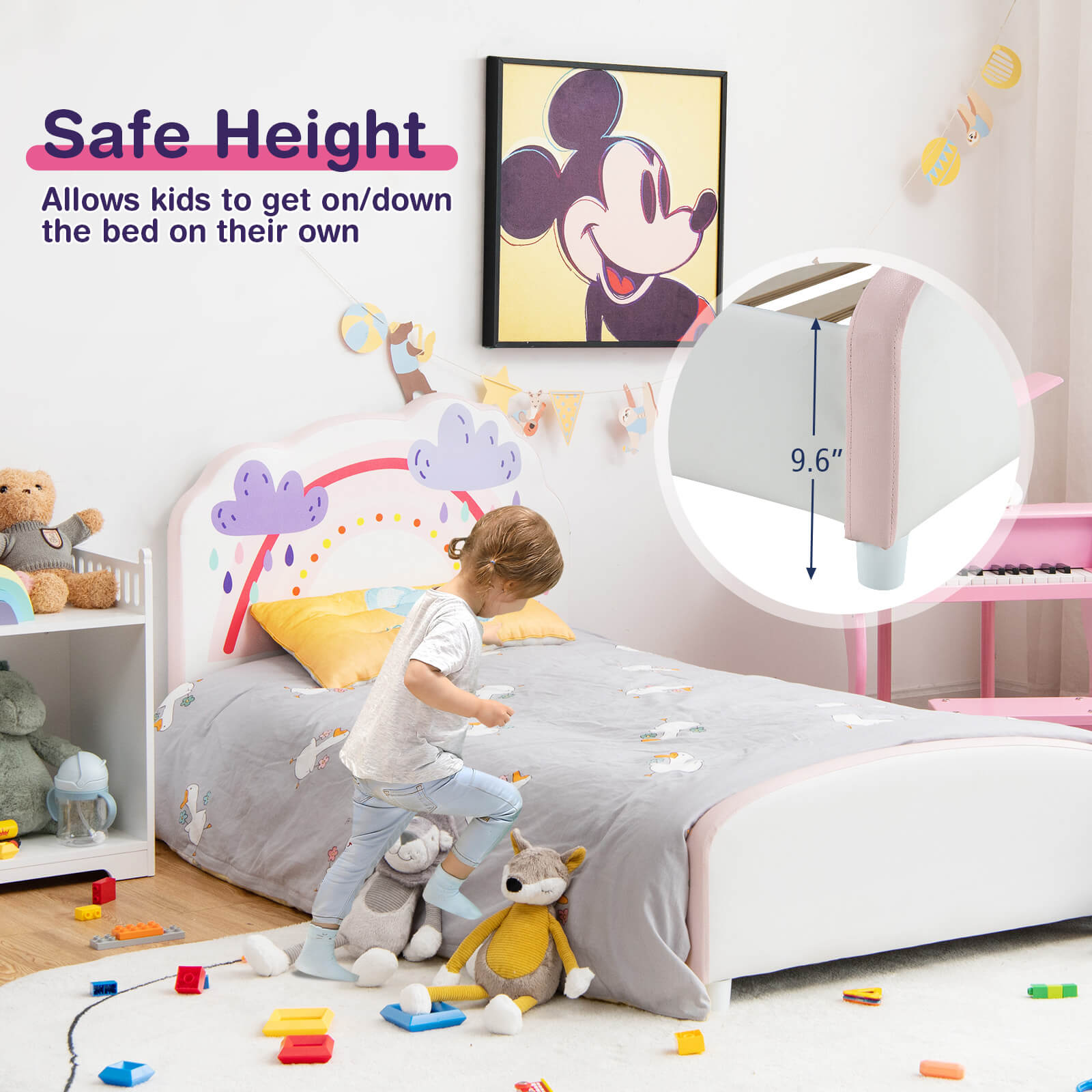 Kids Twin Size Upholstered Platform Wooden Bed with Rainbow Pattern, White Toddler Beds   at Gallery Canada