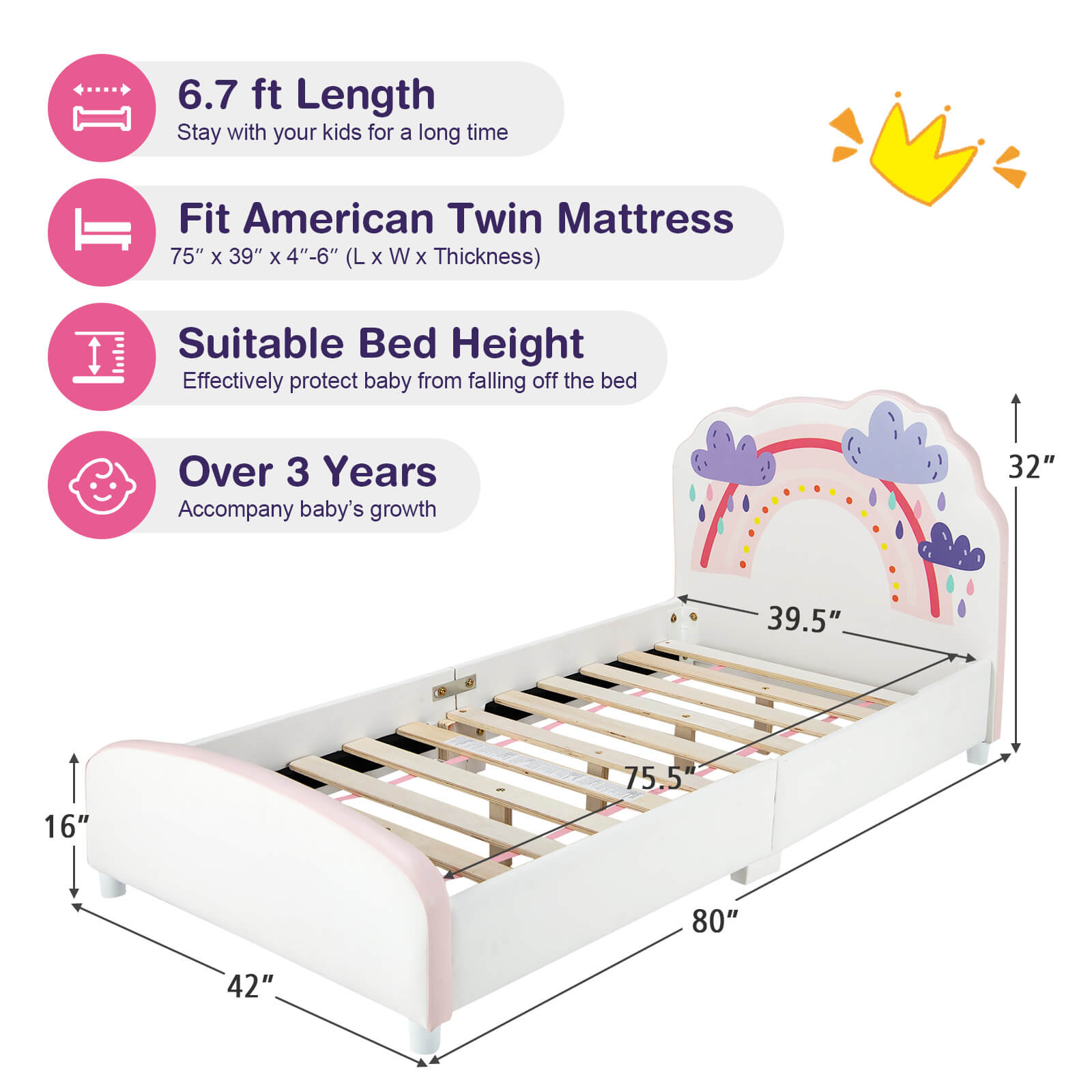 Kids Twin Size Upholstered Platform Wooden Bed with Rainbow Pattern, White Toddler Beds   at Gallery Canada