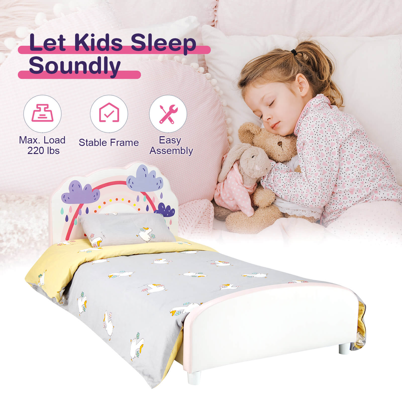 Kids Twin Size Upholstered Platform Wooden Bed with Rainbow Pattern, White Toddler Beds   at Gallery Canada