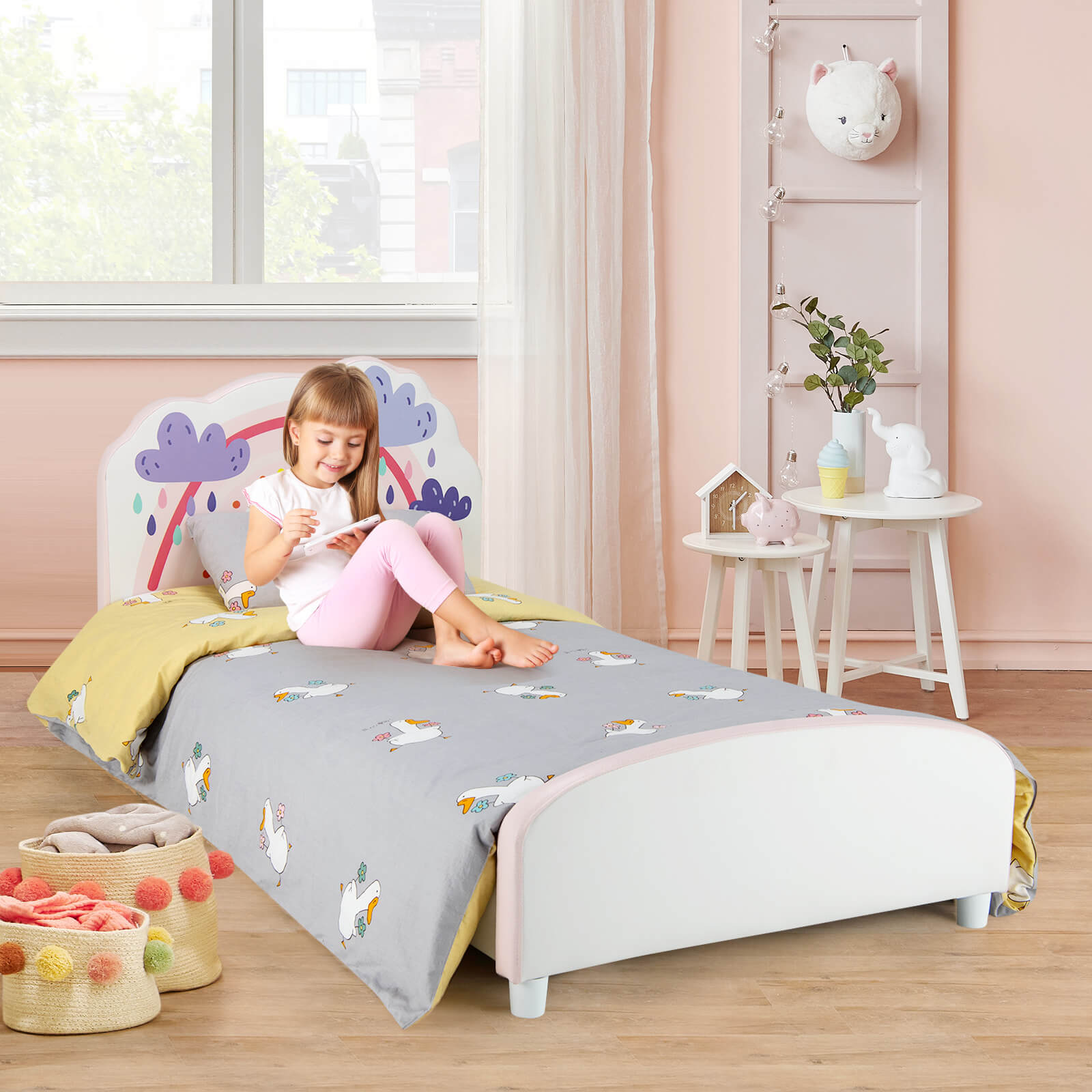 Kids Twin Size Upholstered Platform Wooden Bed with Rainbow Pattern, White Toddler Beds   at Gallery Canada