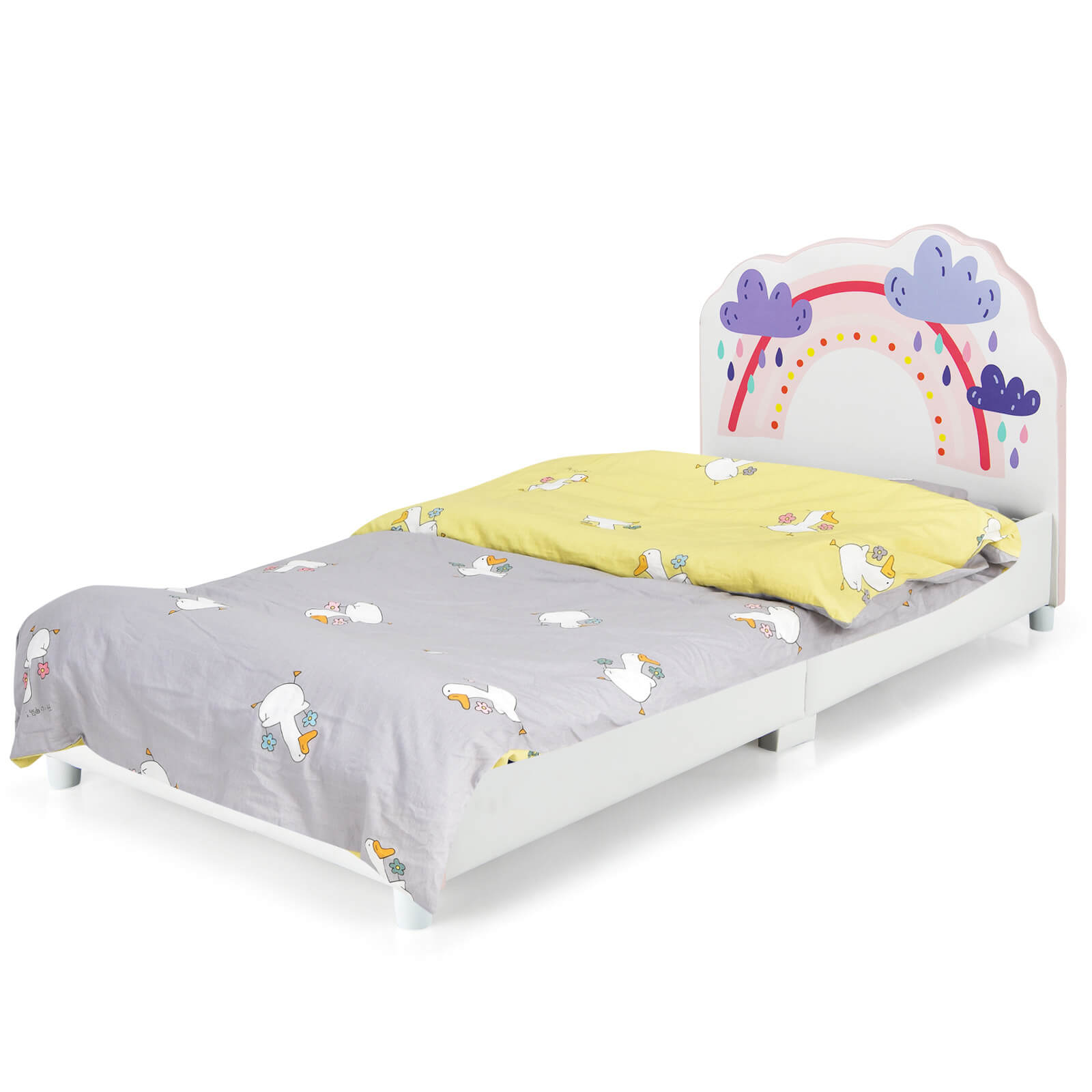 Kids Twin Size Upholstered Platform Wooden Bed with Rainbow Pattern, White Toddler Beds   at Gallery Canada