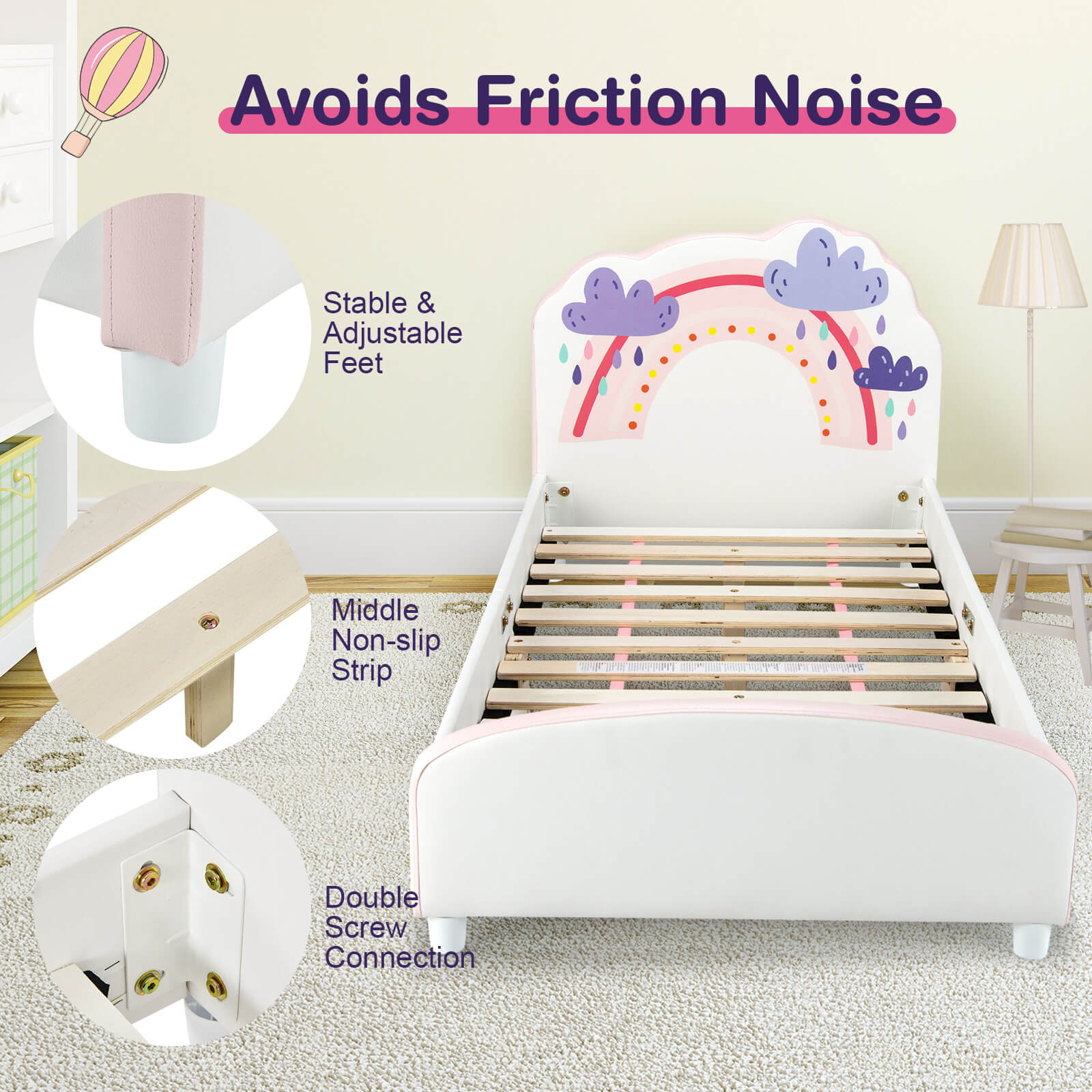 Kids Twin Size Upholstered Platform Wooden Bed with Rainbow Pattern, White Toddler Beds   at Gallery Canada