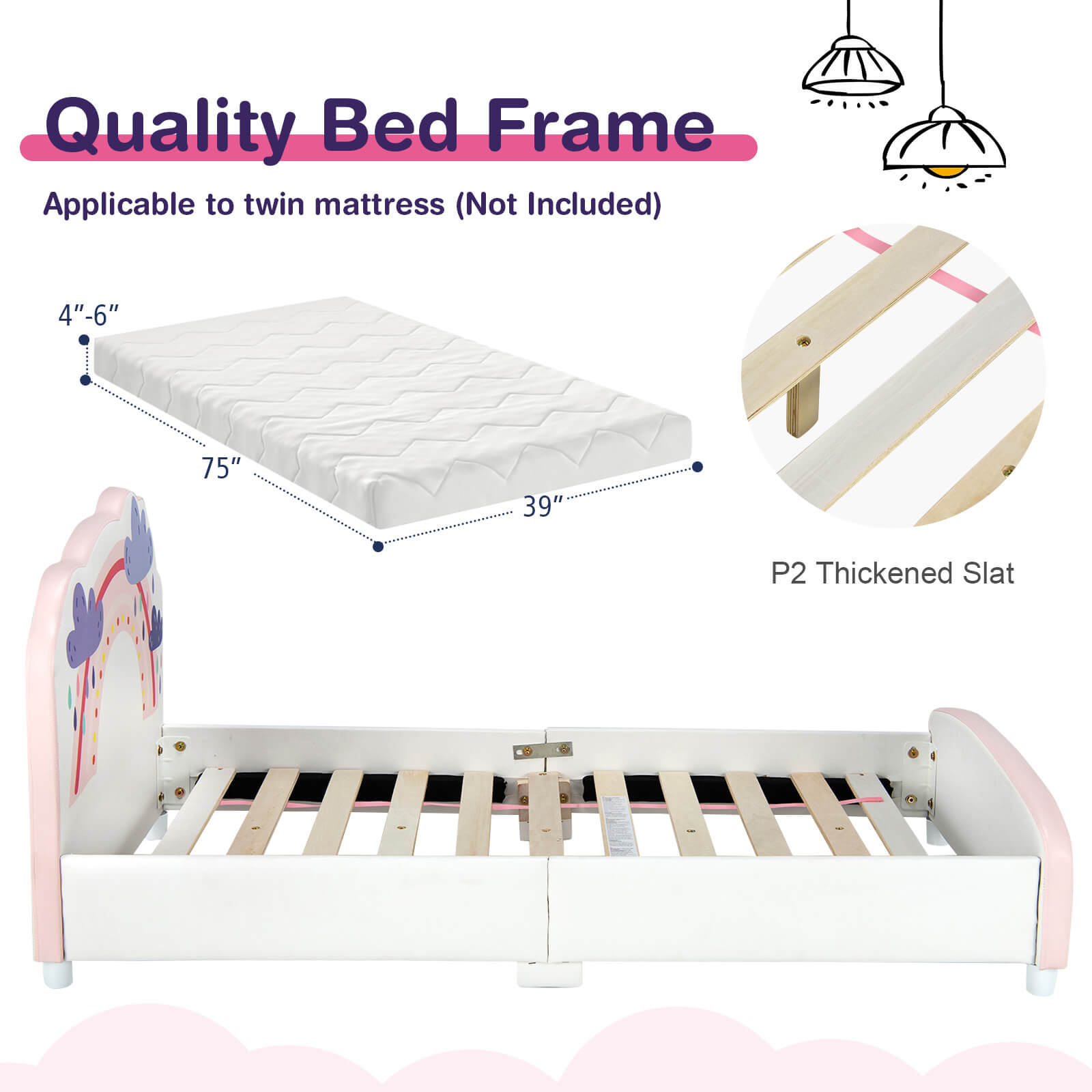 Kids Twin Size Upholstered Platform Wooden Bed with Rainbow Pattern, White Toddler Beds   at Gallery Canada