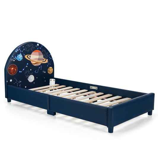 Children Twin Size Upholstered  Platform Single Bed, Dark Blue Toddler Beds Dark Blue  at Gallery Canada