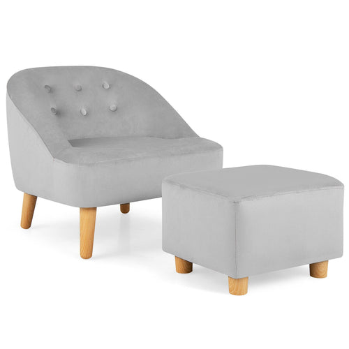 Soft Velvet Upholstered Kids Sofa Chair with Ottoman, Gray