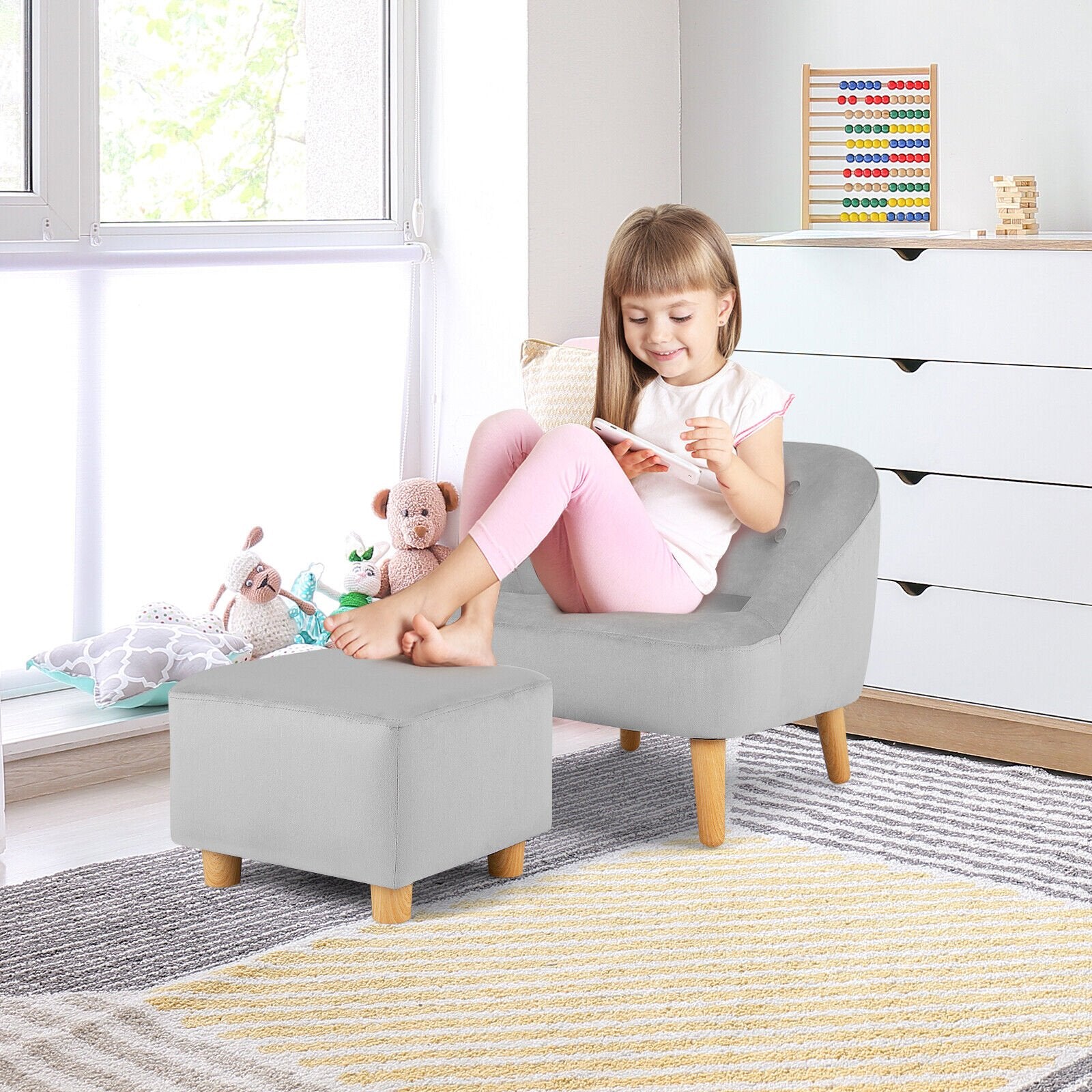 Soft Velvet Upholstered Kids Sofa Chair with Ottoman, Gray Kids Chairs & Seating   at Gallery Canada