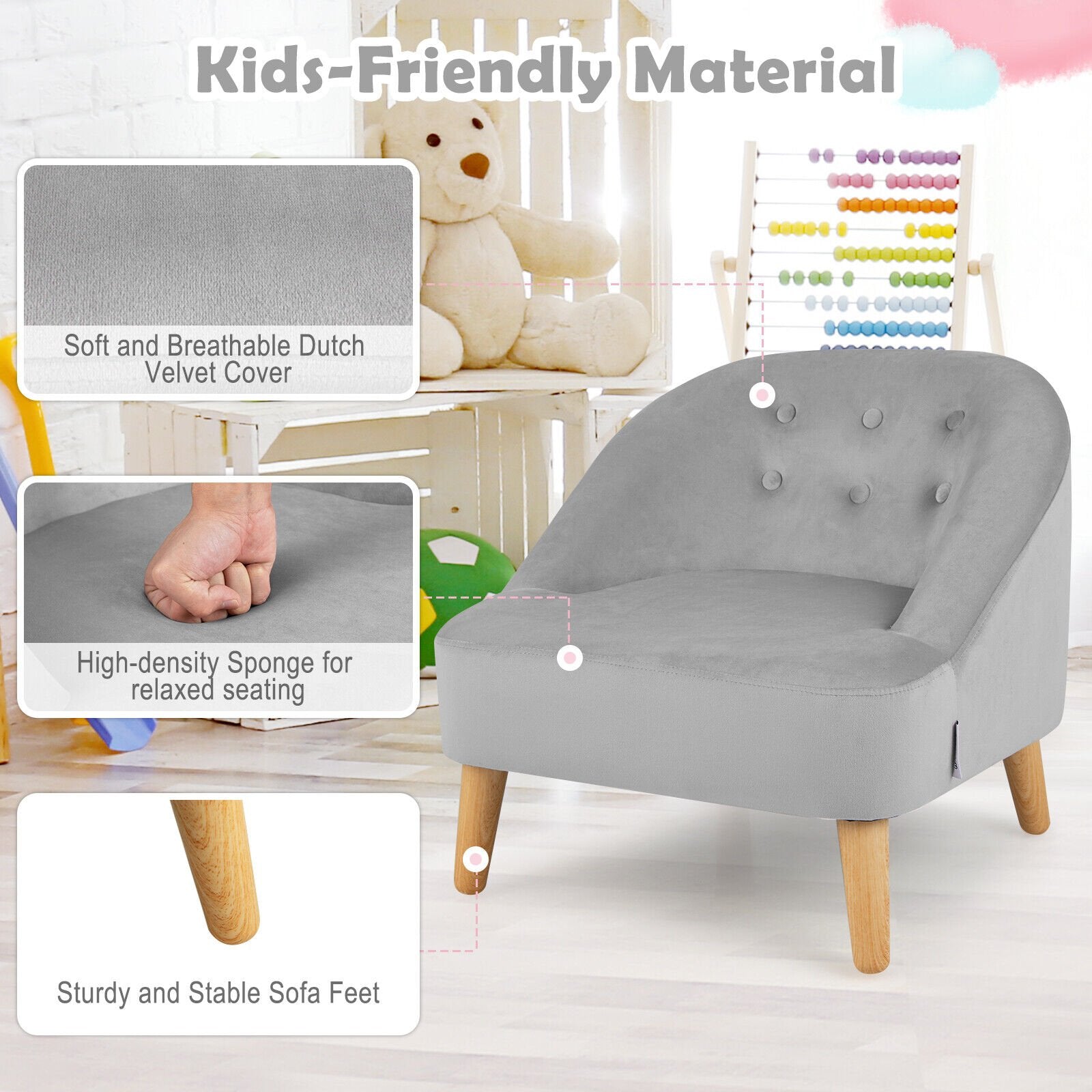 Soft Velvet Upholstered Kids Sofa Chair with Ottoman, Gray Kids Chairs & Seating   at Gallery Canada