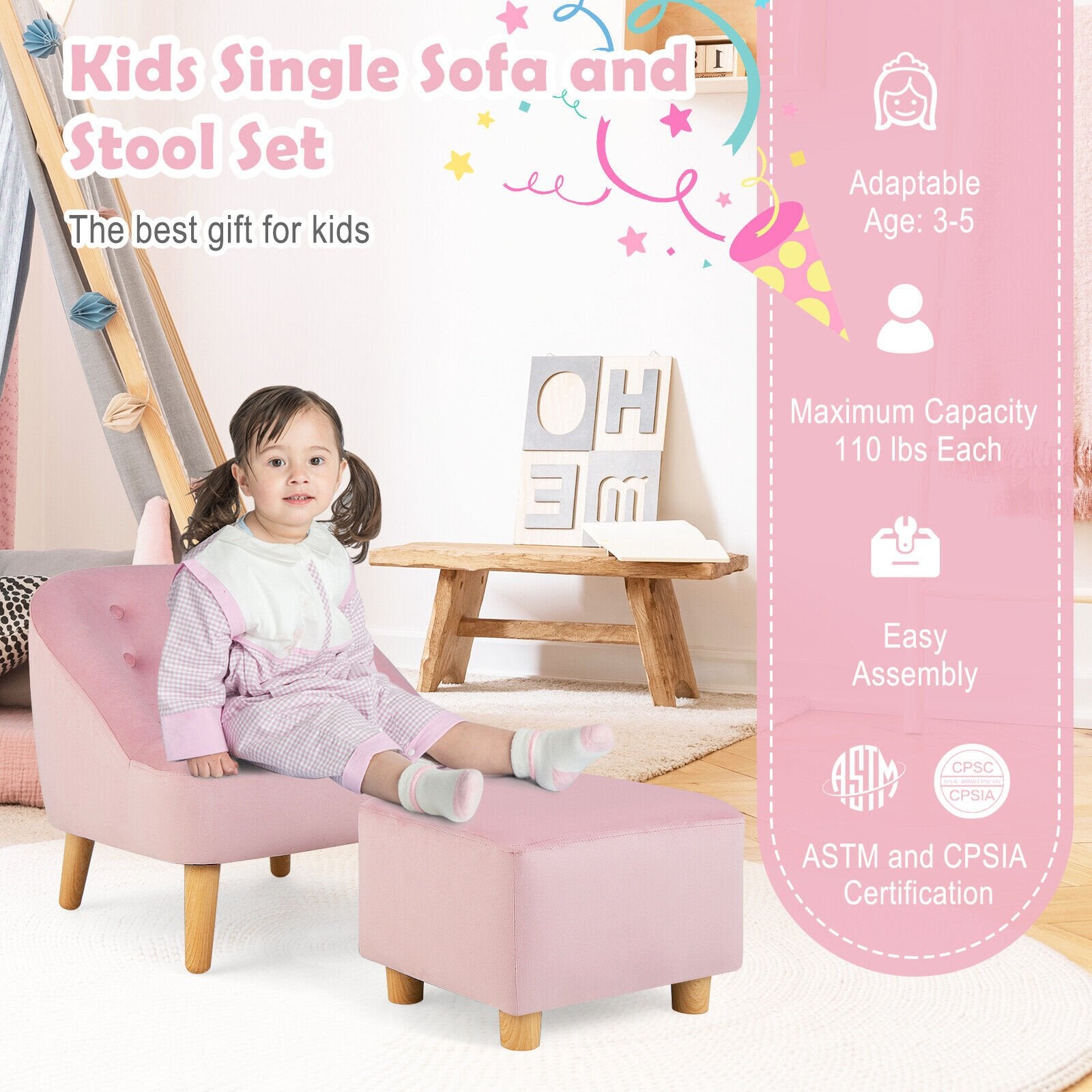 Soft Velvet Upholstered Kids Sofa Chair with Ottoman, Pink Kids Chairs & Seating   at Gallery Canada