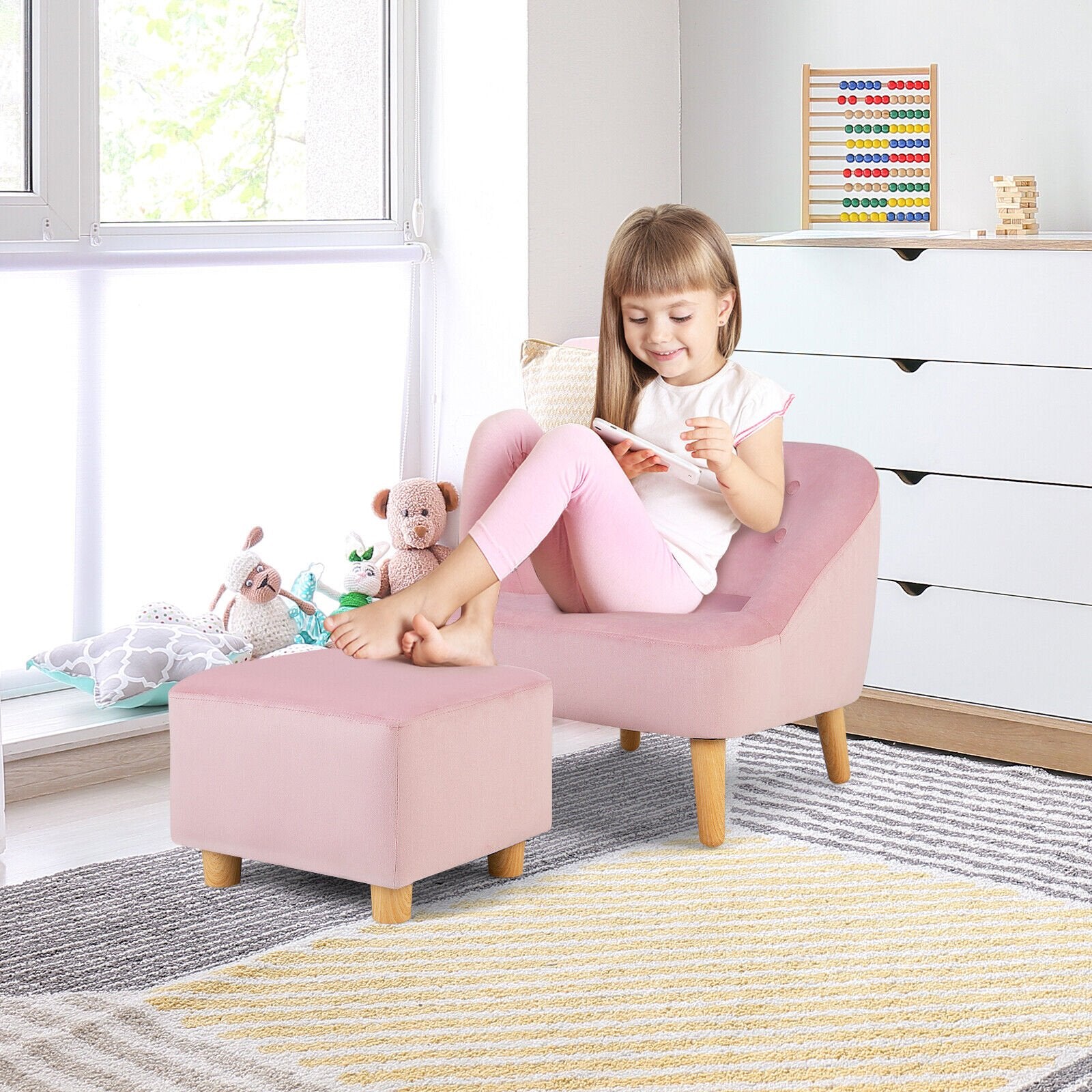 Soft Velvet Upholstered Kids Sofa Chair with Ottoman, Pink - Gallery Canada