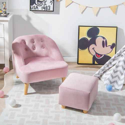 Soft Velvet Upholstered Kids Sofa Chair with Ottoman, Pink