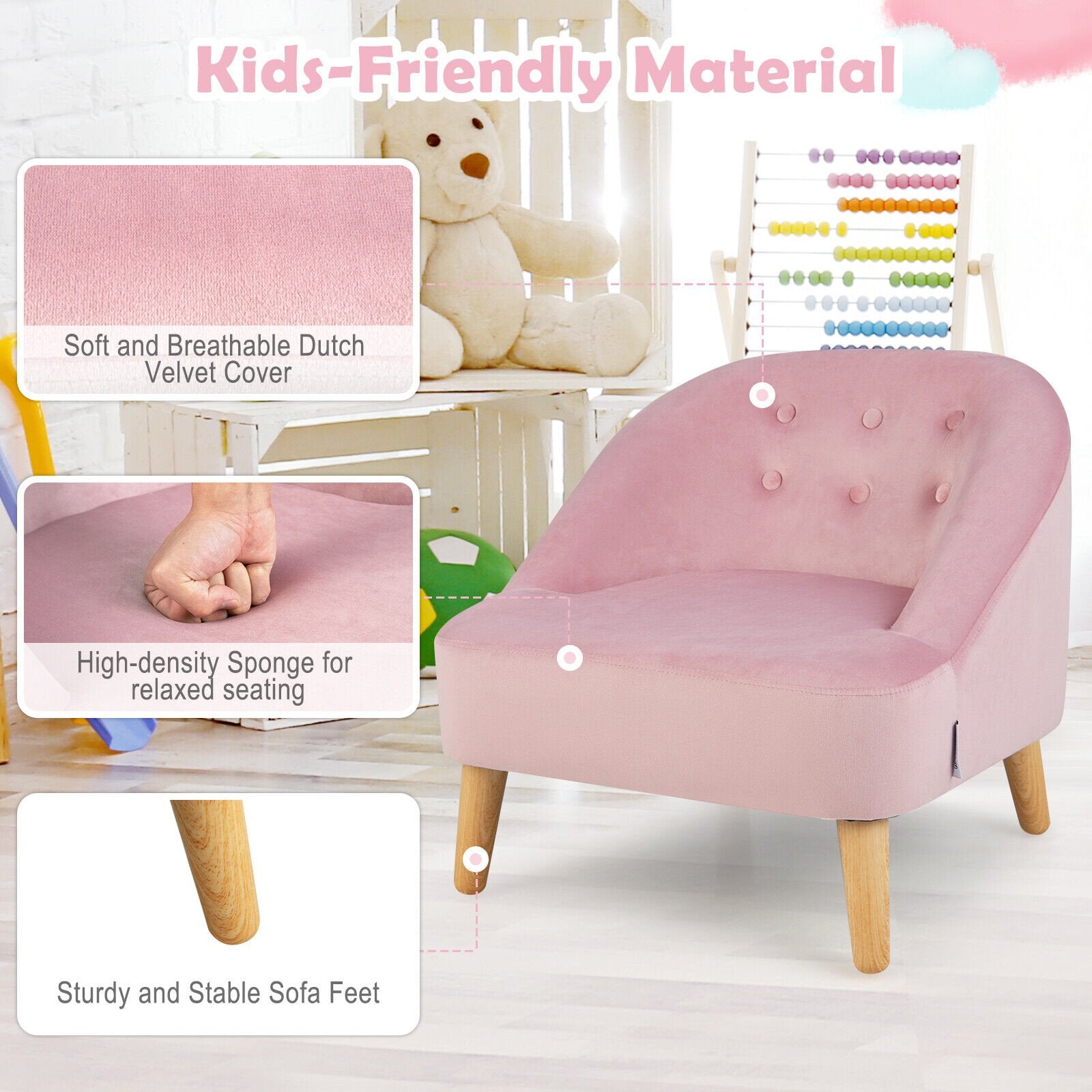 Soft Velvet Upholstered Kids Sofa Chair with Ottoman, Pink - Gallery Canada