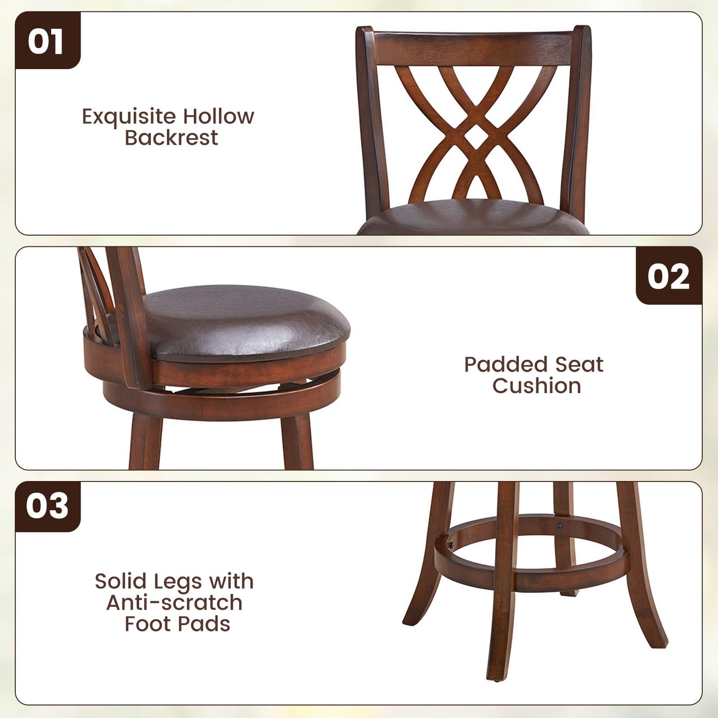 360° Swivel Counter Height Chairs with PU Leather Cushioned Seat and Footrests-26 inches, Brown Bar Stools   at Gallery Canada