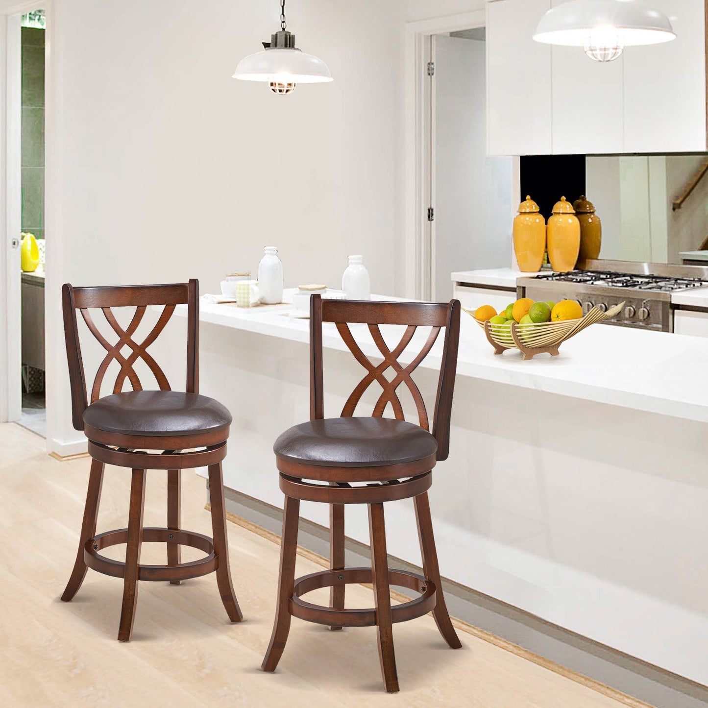 360° Swivel Counter Height Chairs with PU Leather Cushioned Seat and Footrests-26 inches, Brown Bar Stools   at Gallery Canada