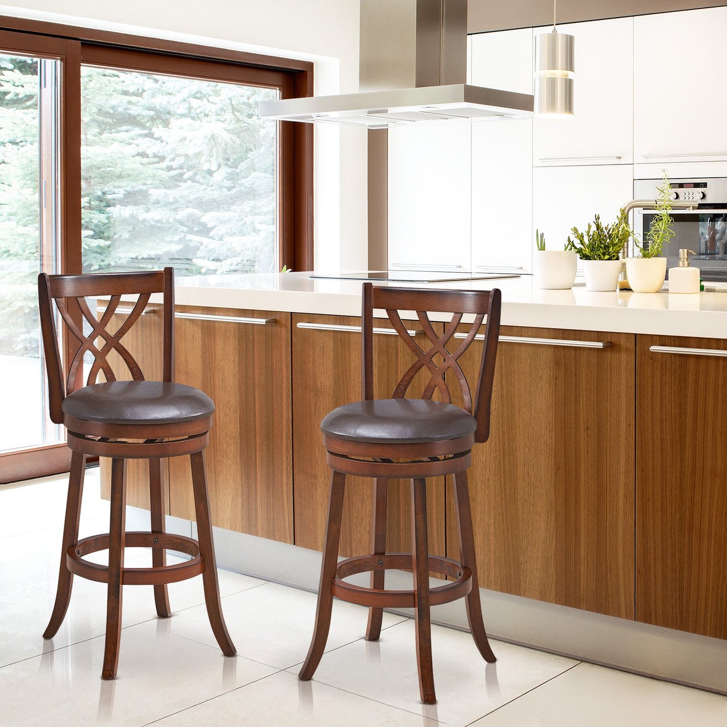 360° Swivel Counter Height Chairs with PU Leather Cushioned Seat and Footrests-30 inches, Brown Bar Stools   at Gallery Canada