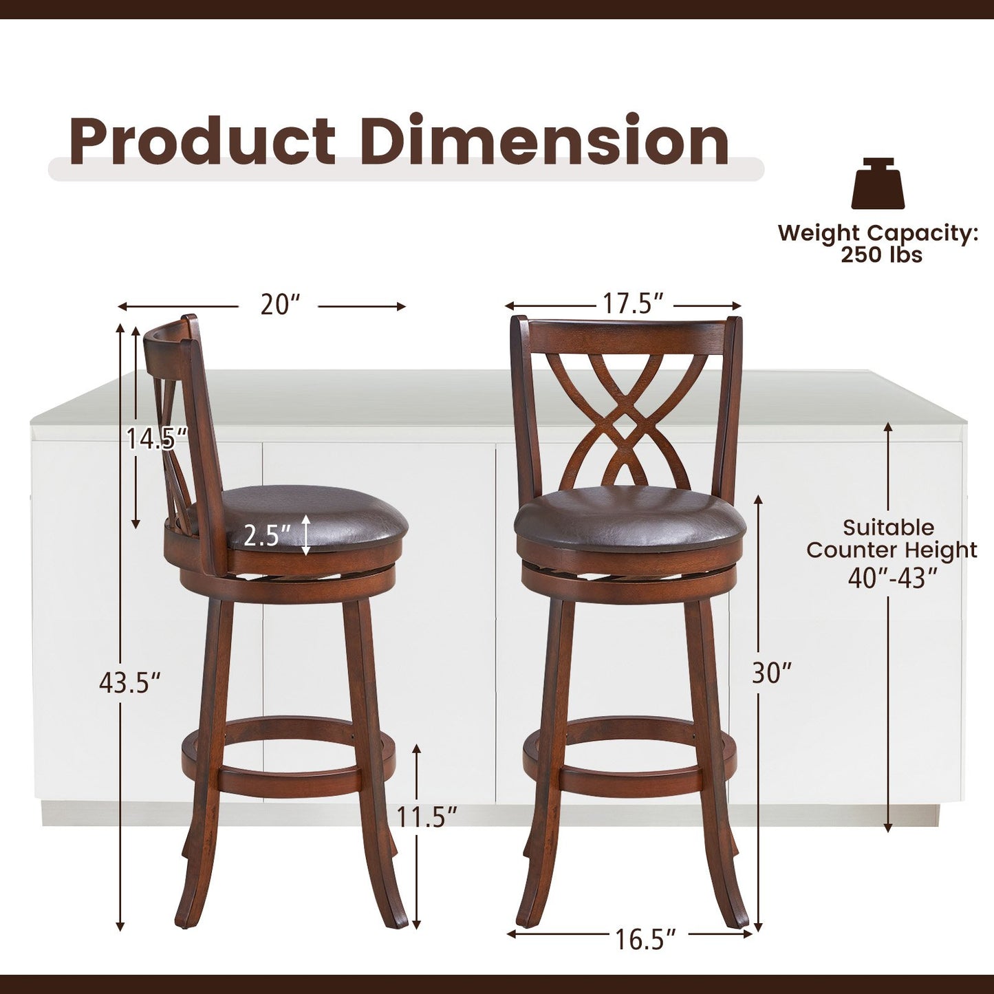 360° Swivel Counter Height Chairs with PU Leather Cushioned Seat and Footrests-30 inches, Brown Bar Stools   at Gallery Canada