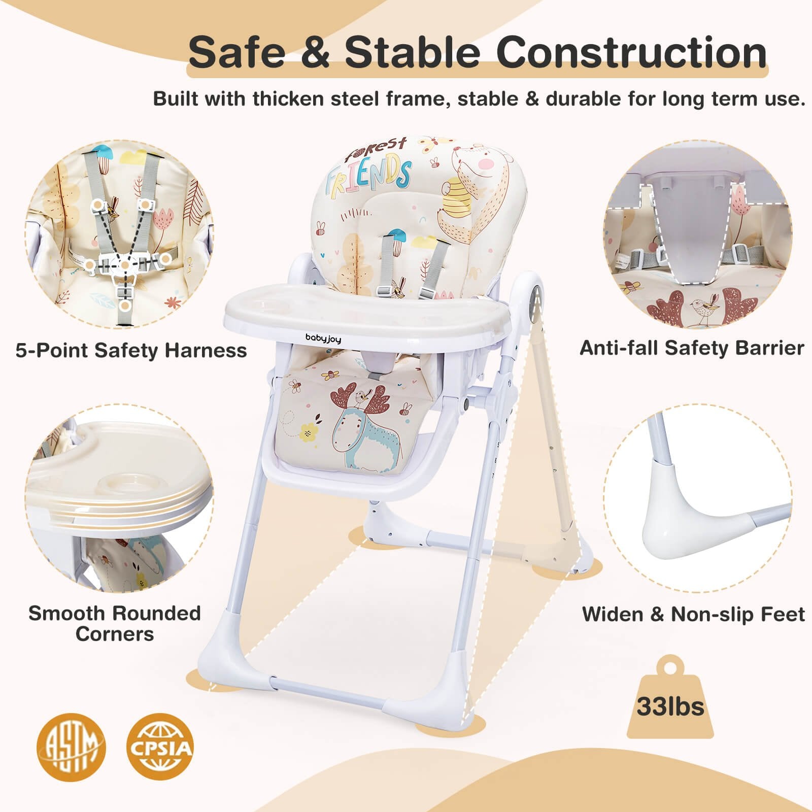 Baby High Chair Folding Feeding Chair with Multiple Recline and Height Positions, Beige - Gallery Canada