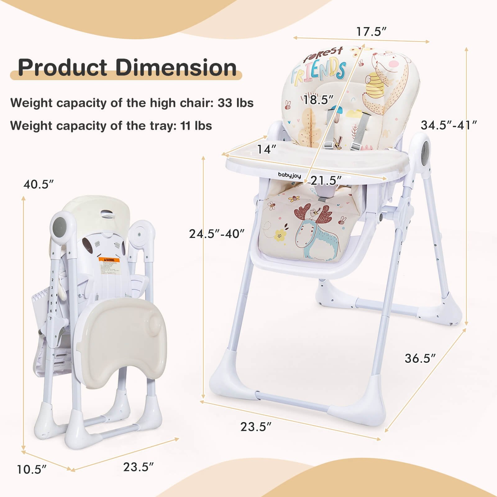 Baby High Chair Folding Feeding Chair with Multiple Recline and Height Positions, Beige - Gallery Canada