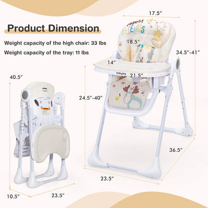 Baby High Chair Folding Feeding Chair with Multiple Recline and Height Positions, Beige - Gallery Canada