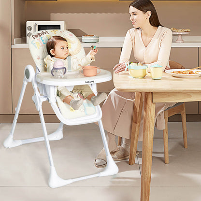 Baby High Chair Folding Feeding Chair with Multiple Recline and Height Positions, Beige - Gallery Canada