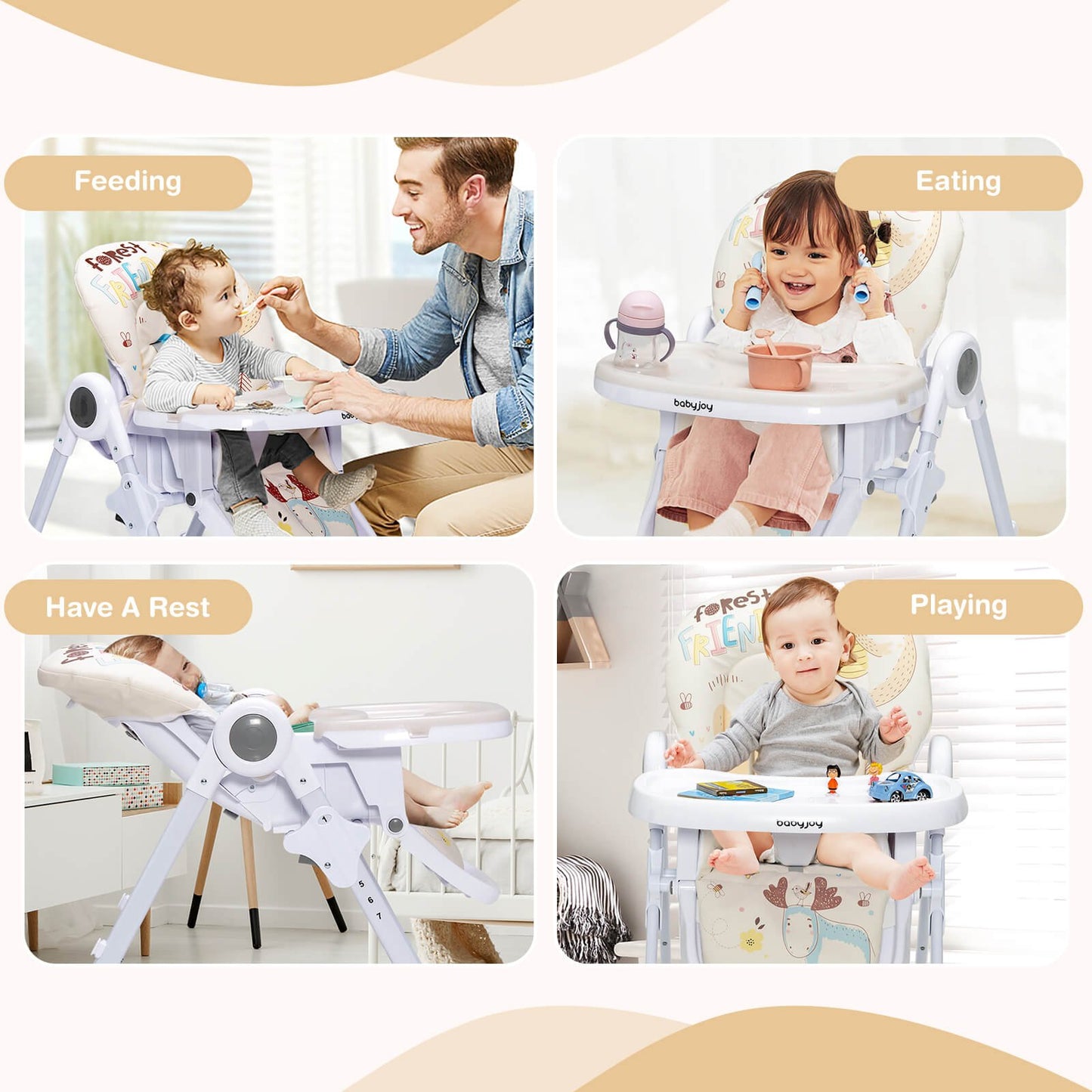 Baby High Chair Folding Feeding Chair with Multiple Recline and Height Positions, Beige High Chairs   at Gallery Canada