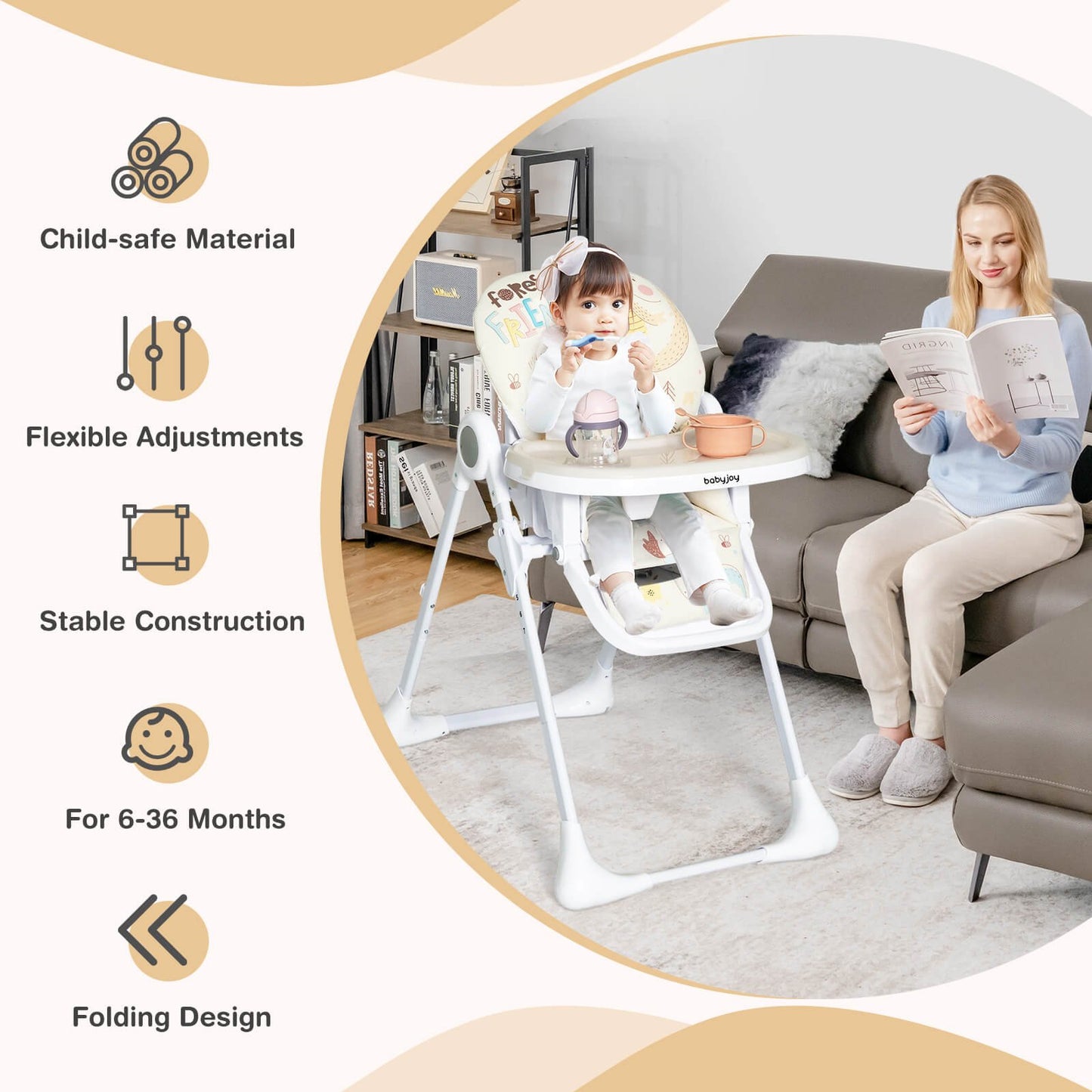 Baby High Chair Folding Feeding Chair with Multiple Recline and Height Positions, Beige High Chairs   at Gallery Canada