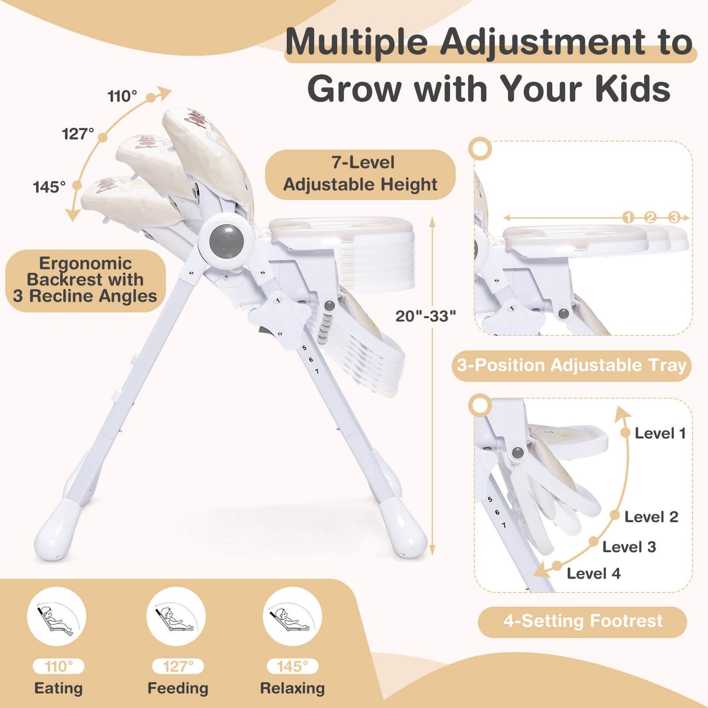 Baby High Chair Folding Feeding Chair with Multiple Recline and Height Positions, Beige - Gallery Canada