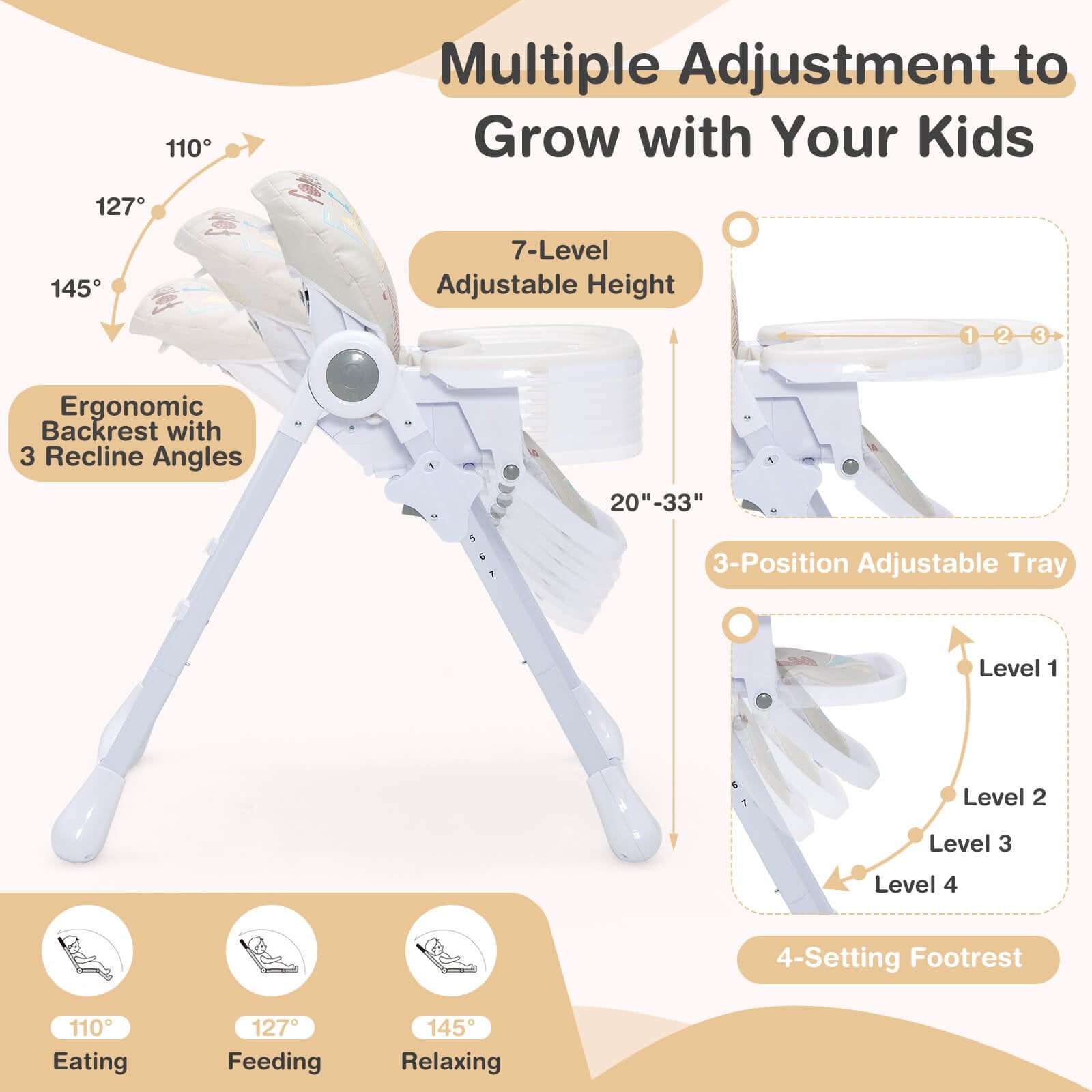 Baby High Chair Folding Feeding Chair with Multiple Recline and Height Positions, Gray High Chairs   at Gallery Canada