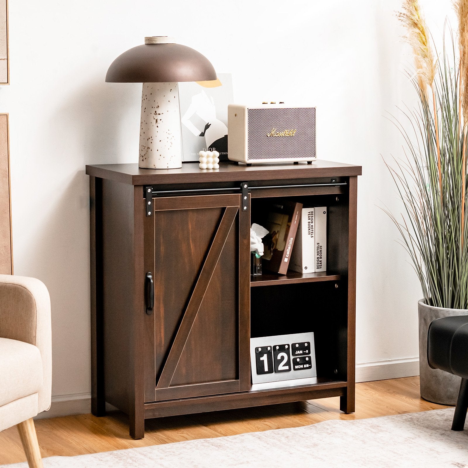 Freestanding Kitchen Buffet Storage Cabinet with Sliding Barn Door, Brown Sideboards Cabinets & Buffets   at Gallery Canada