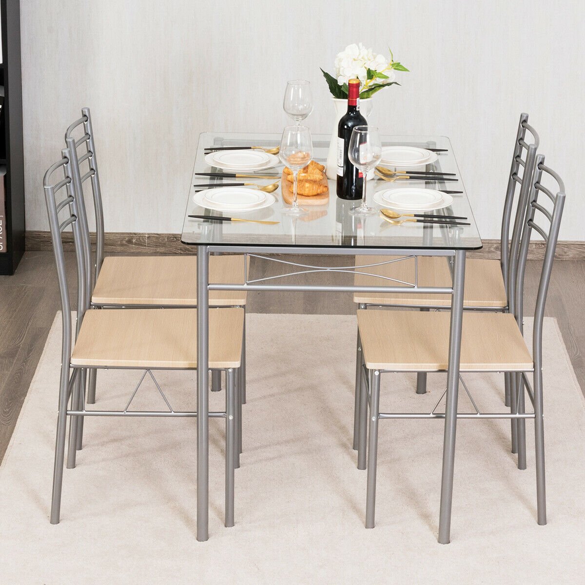 5 Pieces Dining Set Glass Table and 4 Chairs, Natural Dining Room Sets   at Gallery Canada