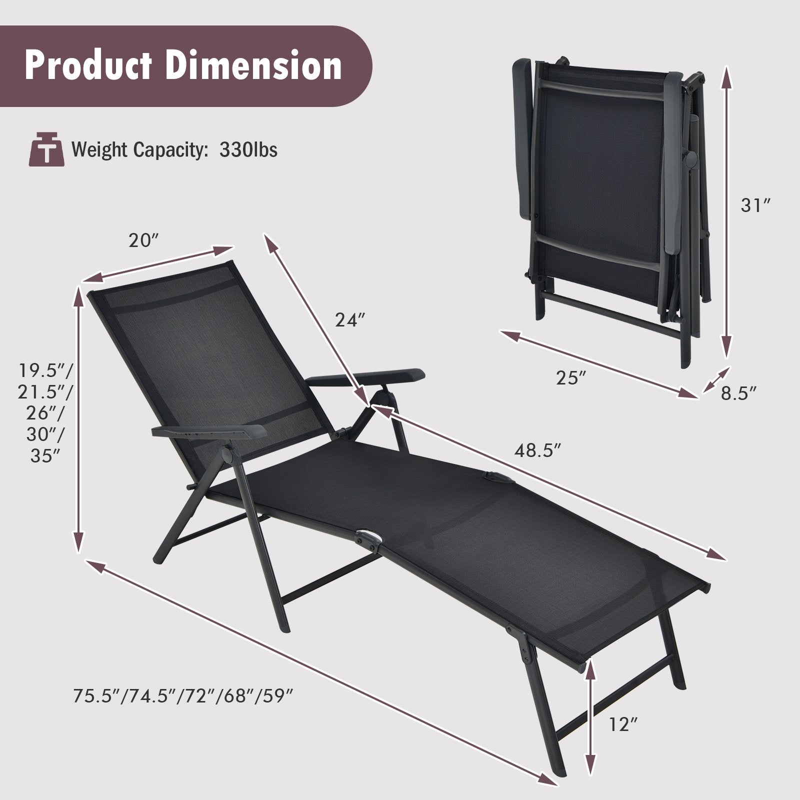 Patio Foldable Chaise Lounge Chair with Backrest and Footrest, Black Outdoor Chaise Lounges   at Gallery Canada